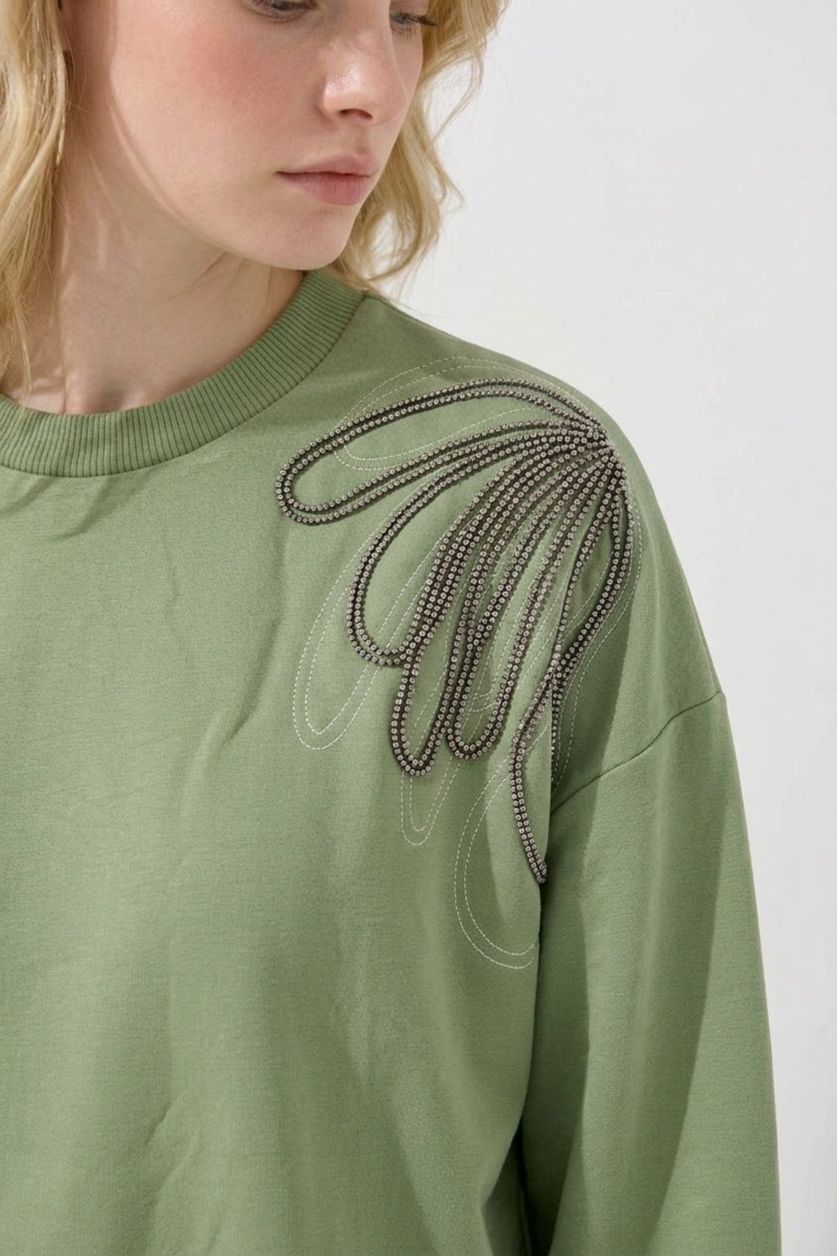 Tek Omuz İşlemeli İnce Sweat Tunik 3494 Mint Yeşili Tunik Ekrutex 