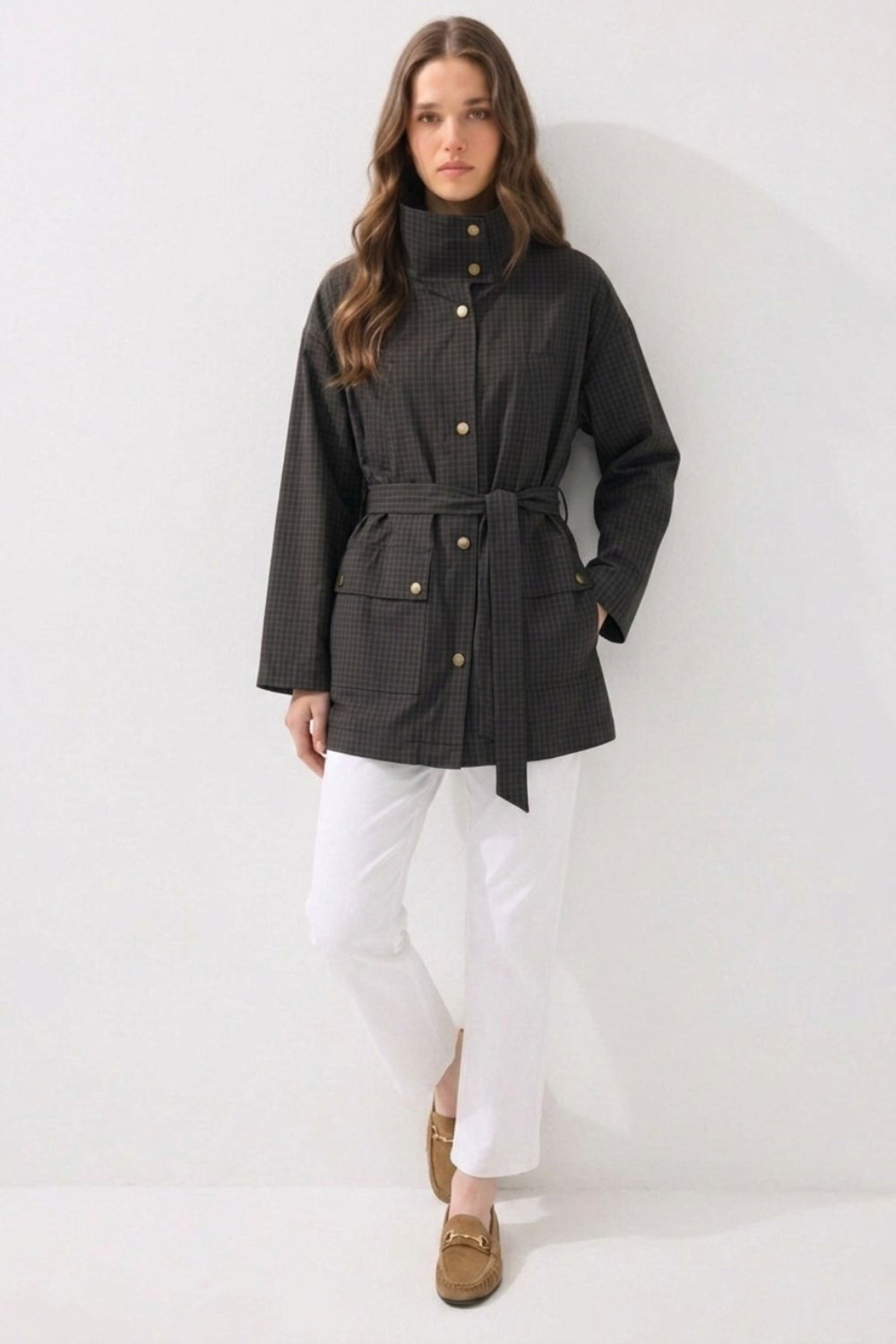 Yüksek Yakalı Çıtçıt Detaylı Trenchcoat 0037889 Lacivert Kap İKOLL 