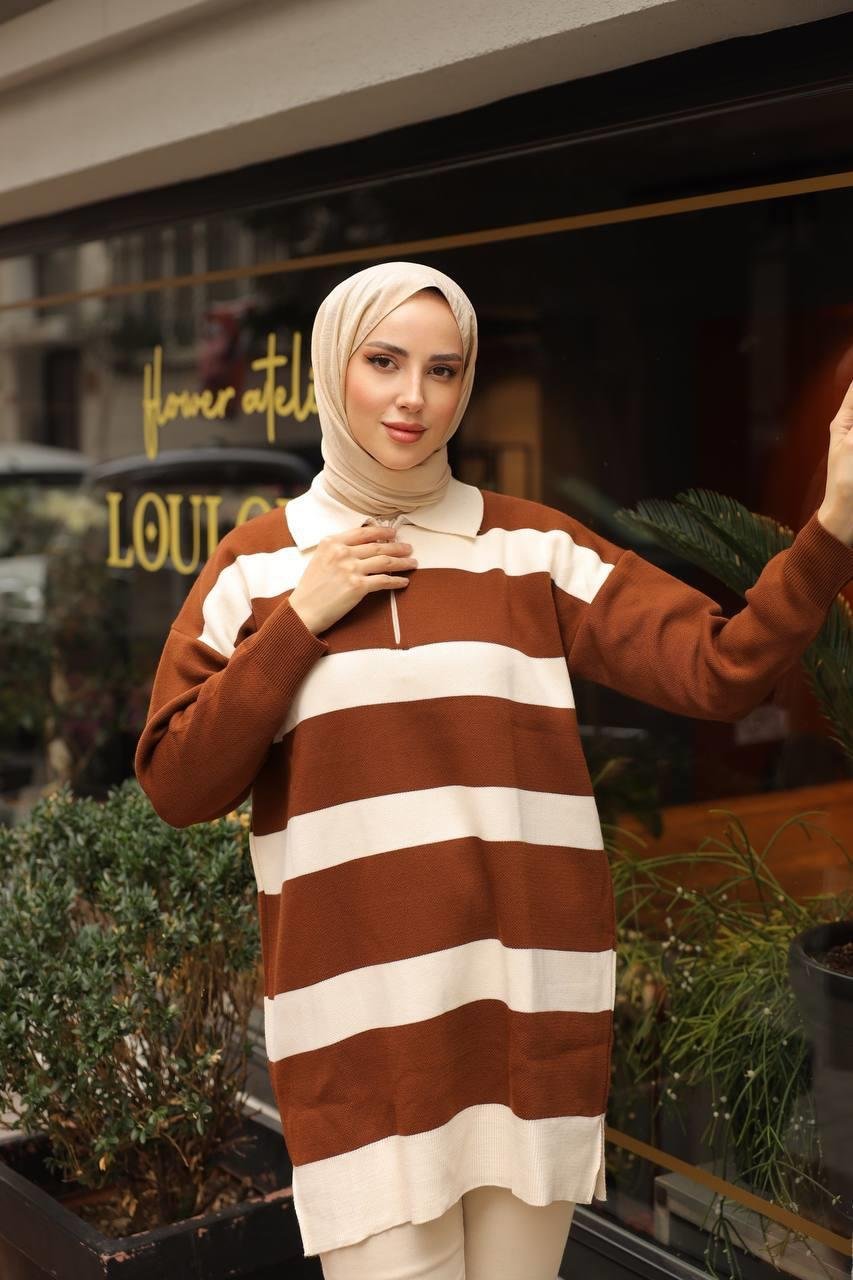 NEFİSE Fermuarlı Polo Yaka Çizgili Tunik 14784 - Kahve  Tunik