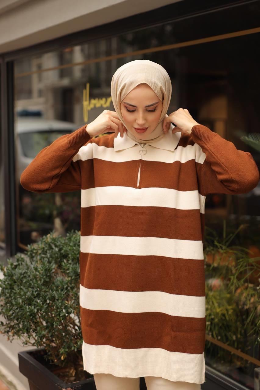NEFİSE Fermuarlı Polo Yaka Çizgili Tunik 14784 - Kahve  Tunik
