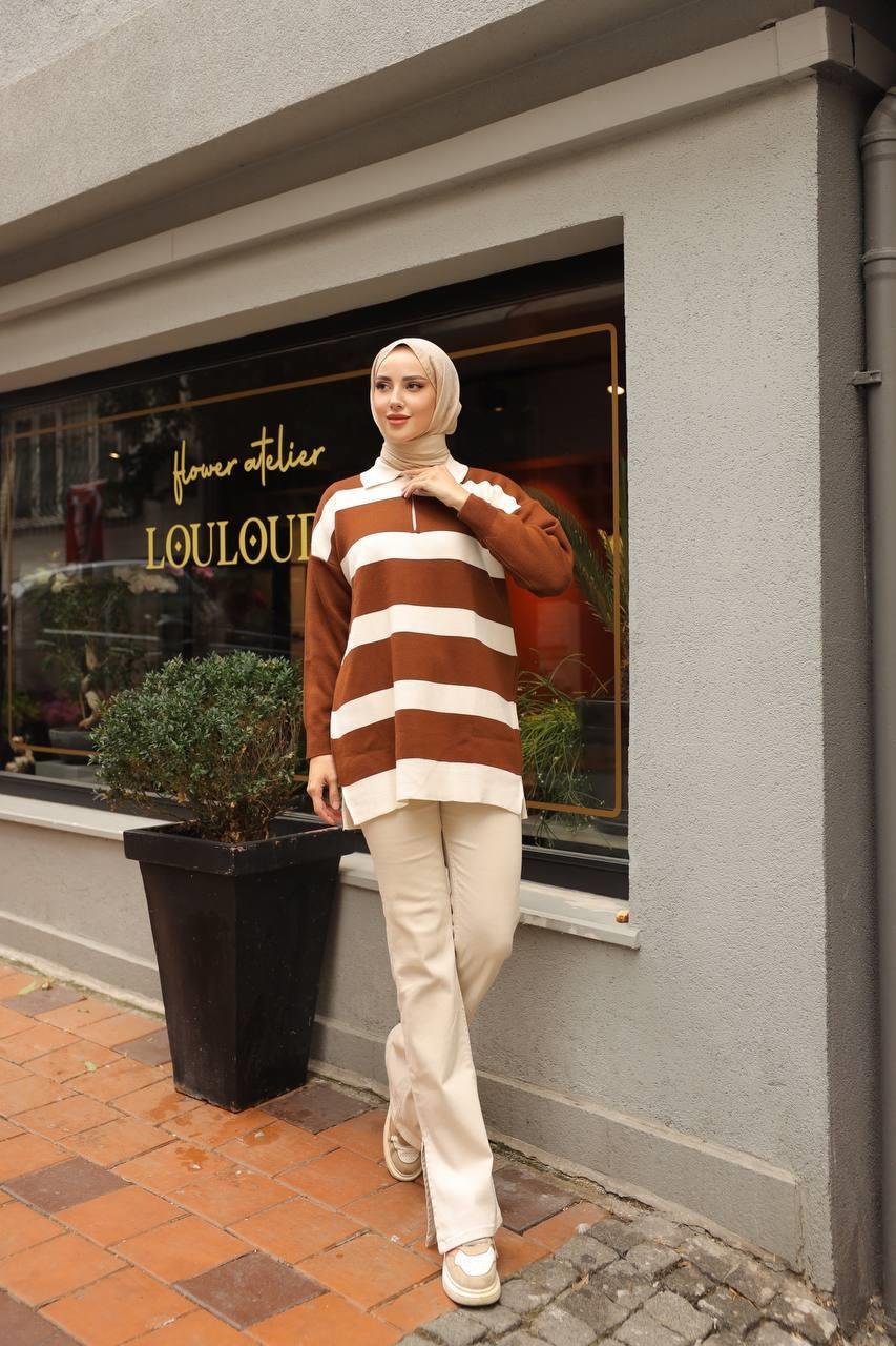 NEFİSE Fermuarlı Polo Yaka Çizgili Tunik 14784 - Kahve  Tunik