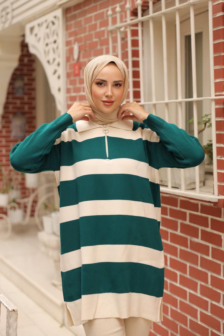 NEFİSE Fermuarlı Polo Yaka Çizgili Tunik 14784 - Zümrüt  Tunik