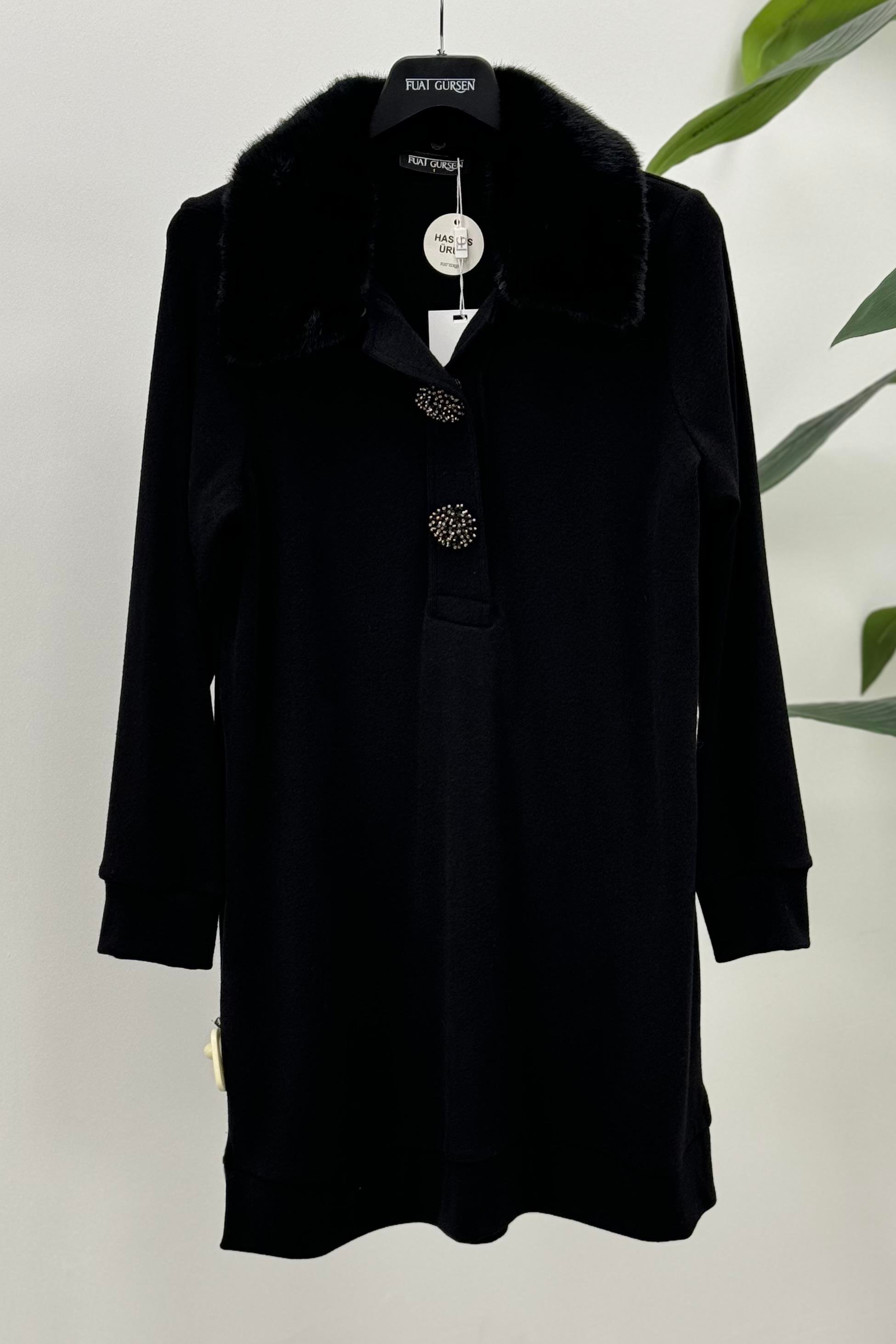 FUAT GÜRŞEN Fuat Gürşen 2334 Yaka Broş Detay Kürklü Tunik - Siyah  Tunik 