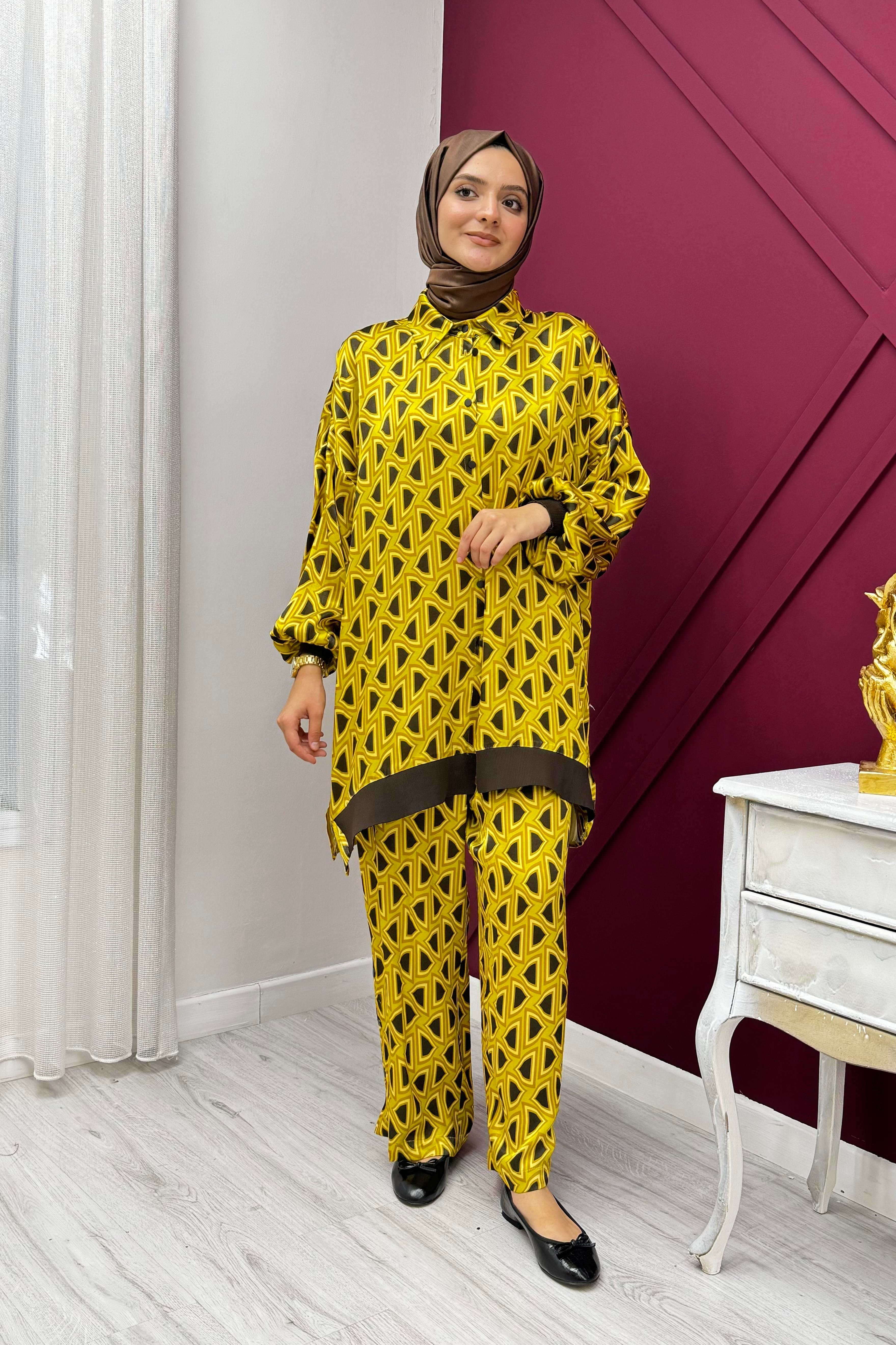 GHİSA Ghisa 4459 Karışık Desen Detaylı Pantolonlu Takım - Hardal Ghisa 4459 Karışık Desen Detaylı Pantolonlu Takım - Hardal - Bilen Giyim Takım 