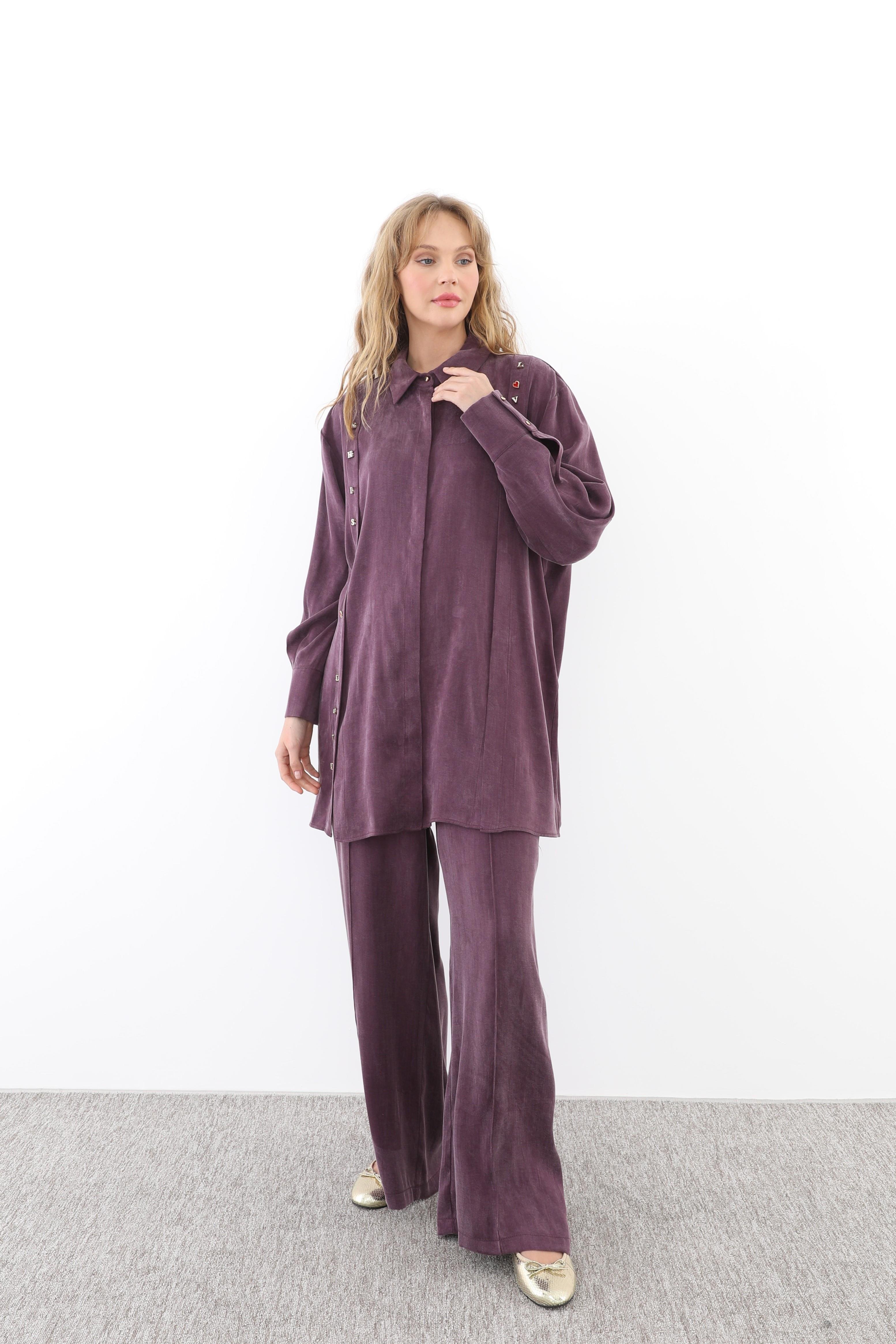 GHİSA Ghisa 4708 Harf Detaylı Pantolonlu Takım - Mürdüm  Takım 