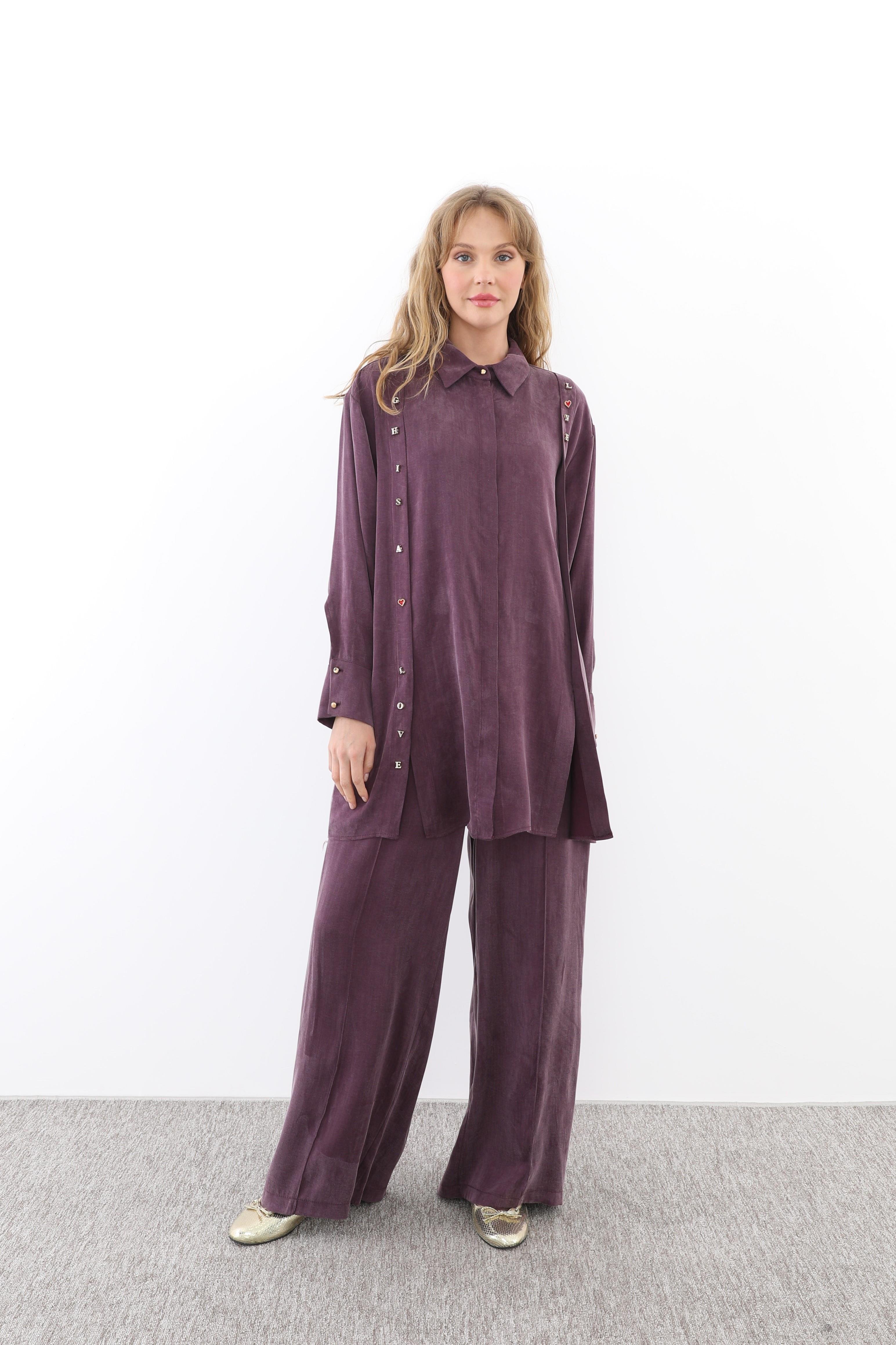 GHİSA Ghisa 4708 Harf Detaylı Pantolonlu Takım - Mürdüm  Takım 