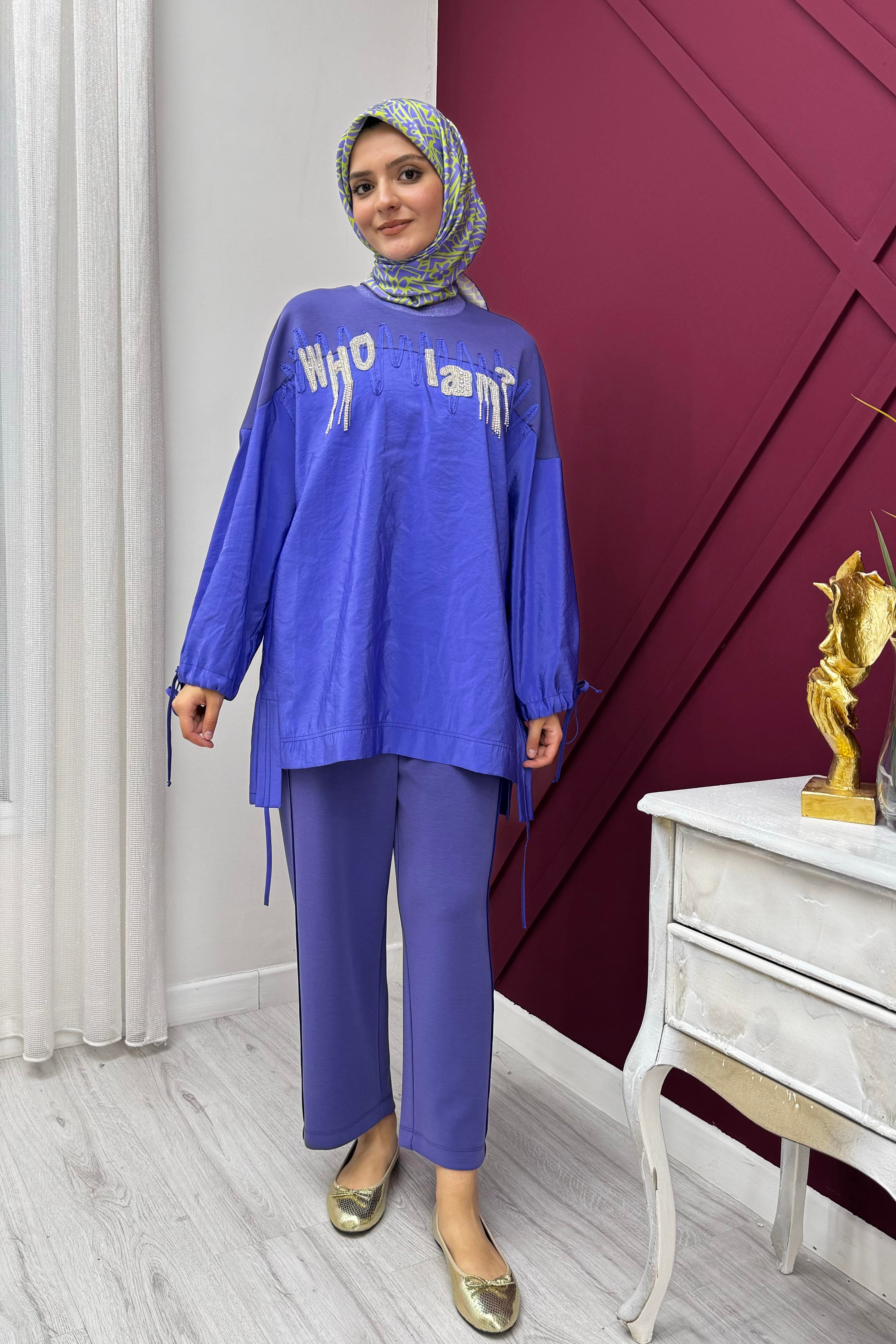 GHİSA Ghisa 4718 Yazı Baskılı İşlemeli Pantolonlu Takım - Mor Ghisa 4718 Yazı Baskılı İşlemeli Pantolonlu Takım - Mor - Bilen Giyim Takım 