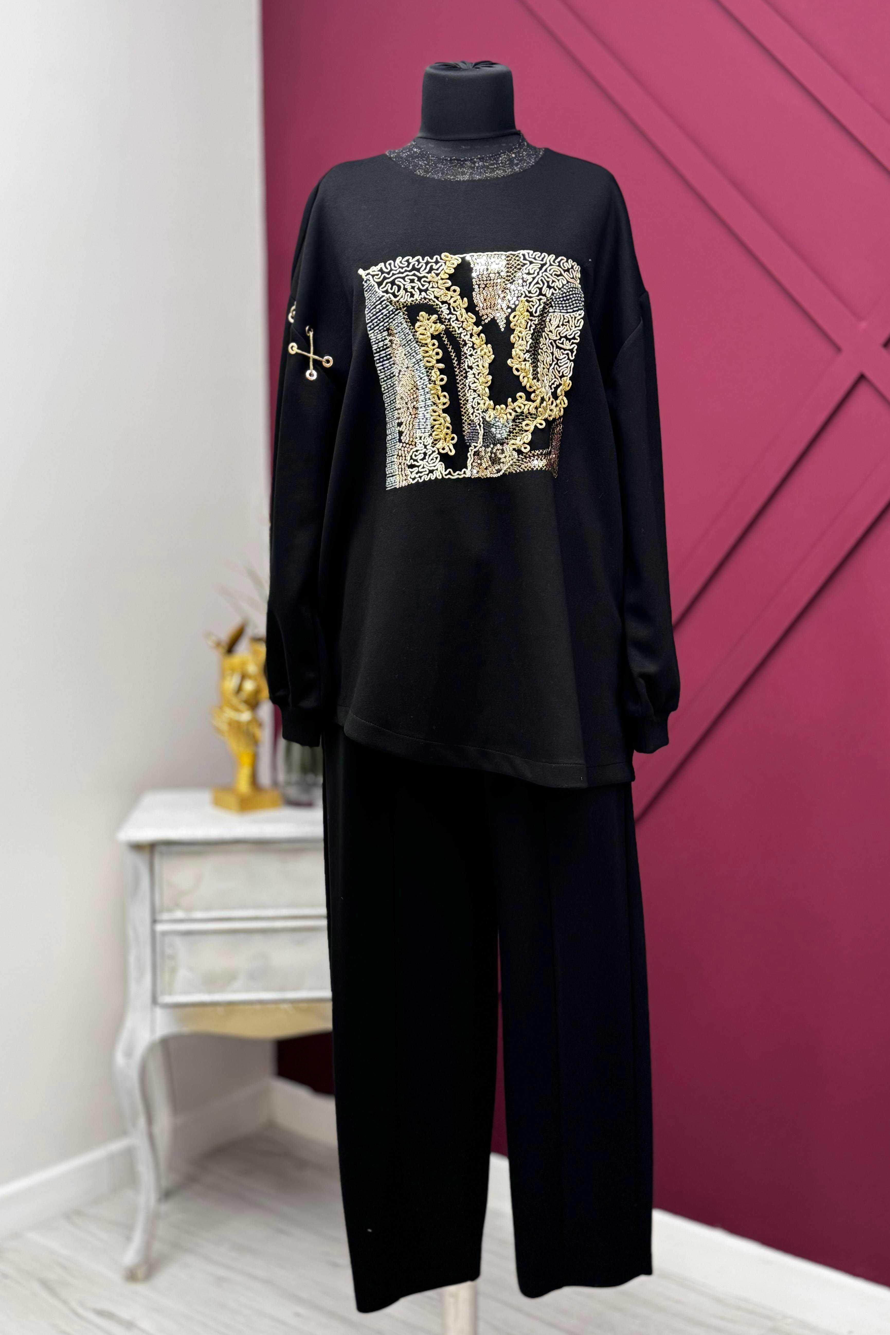 GHİSA Ghisa 4732 Boncuk Ve Payet İşlemeli Pantolonlu Takım - Siyah  Takım 