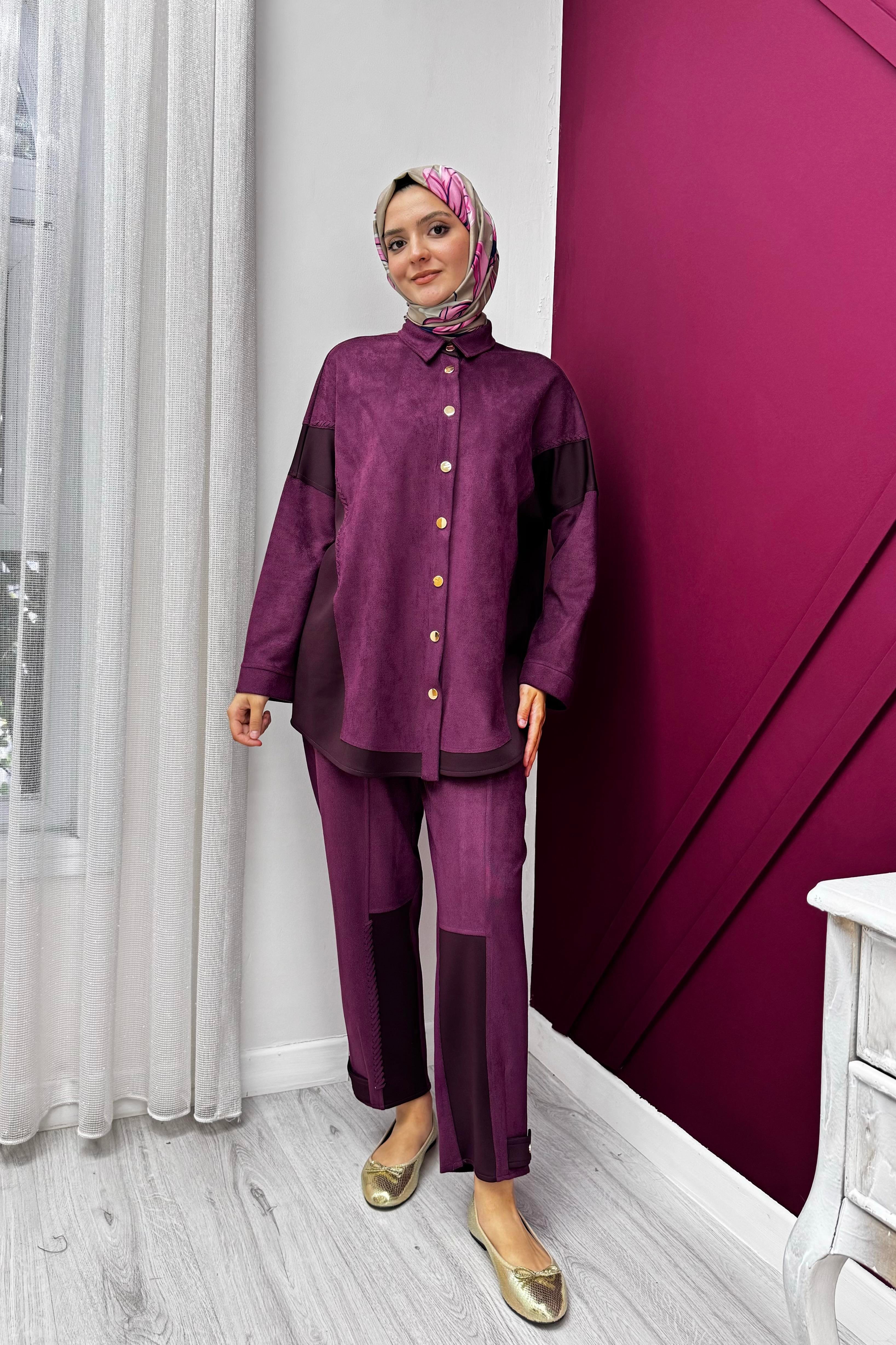 GHİSA Ghisa 4736 Süet Görünümlü Düğmeli Pantolonlu Takım - Mürdüm  Takım 