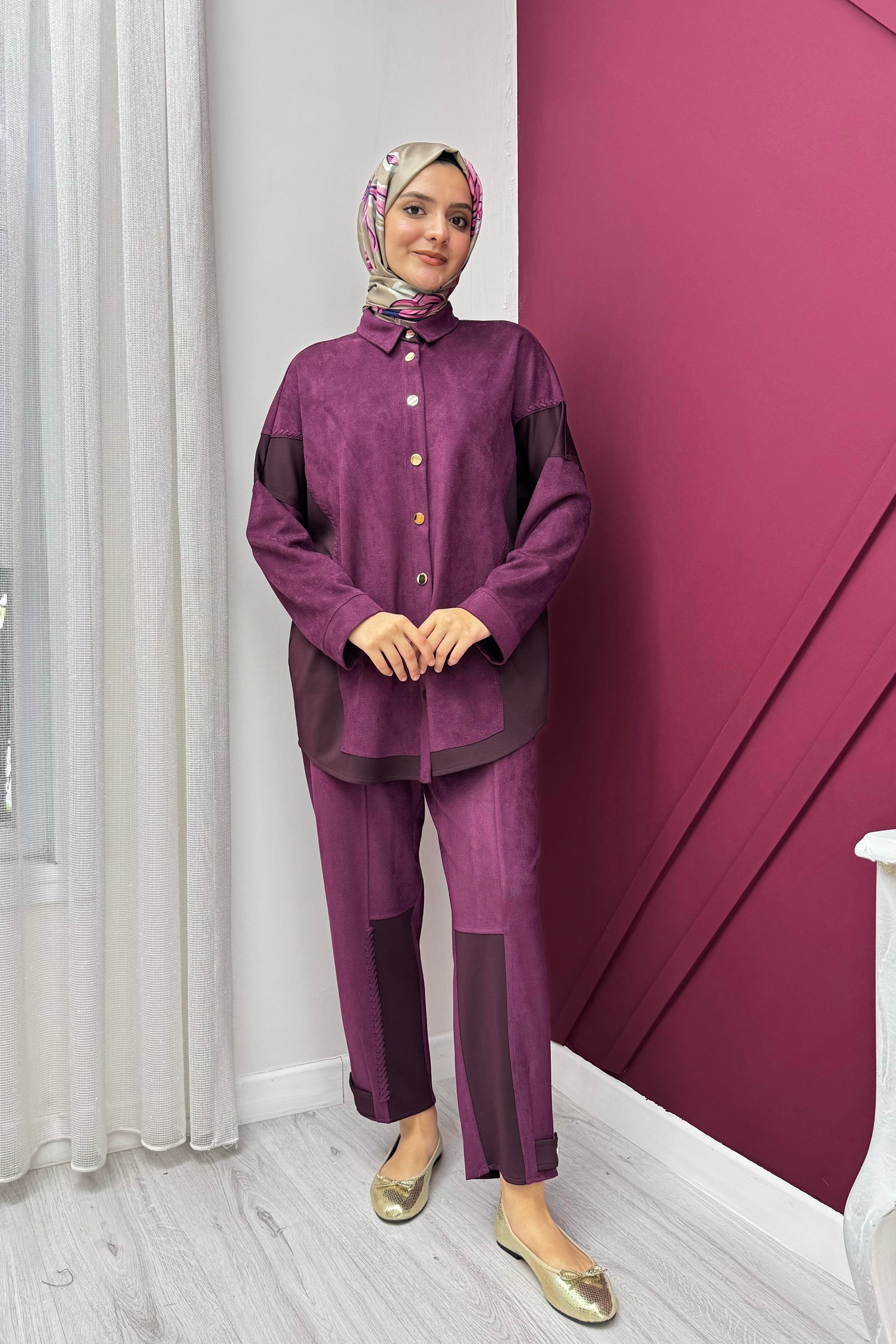 GHİSA Ghisa 4736 Süet Görünümlü Düğmeli Pantolonlu Takım - Mürdüm  Takım 