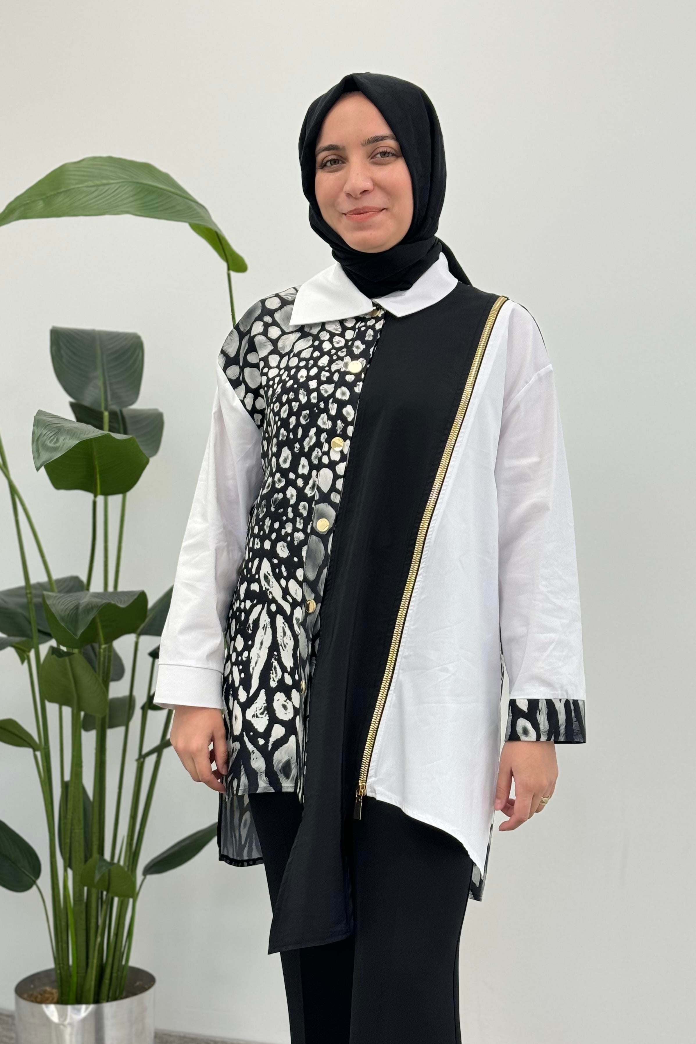 GHİSA Ghisa 4799 Ön Çarpraz Fermuar Detaylı Desenli Tunik - Siyah - Beyaz  Tunik 