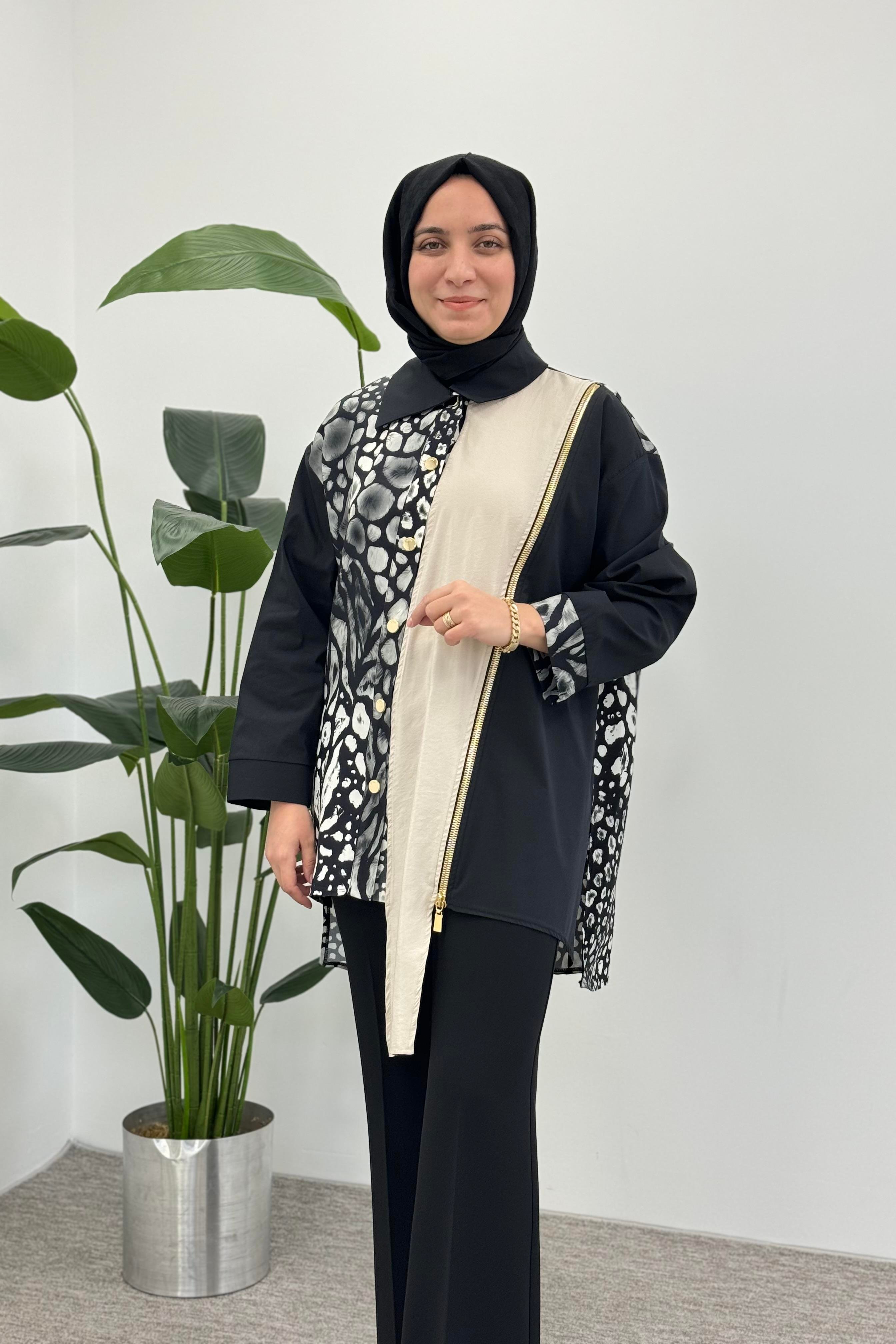 GHİSA Ghisa 4799 Ön Çarpraz Fermuar Detaylı Desenli Tunik - Siyah - Bej  Tunik 