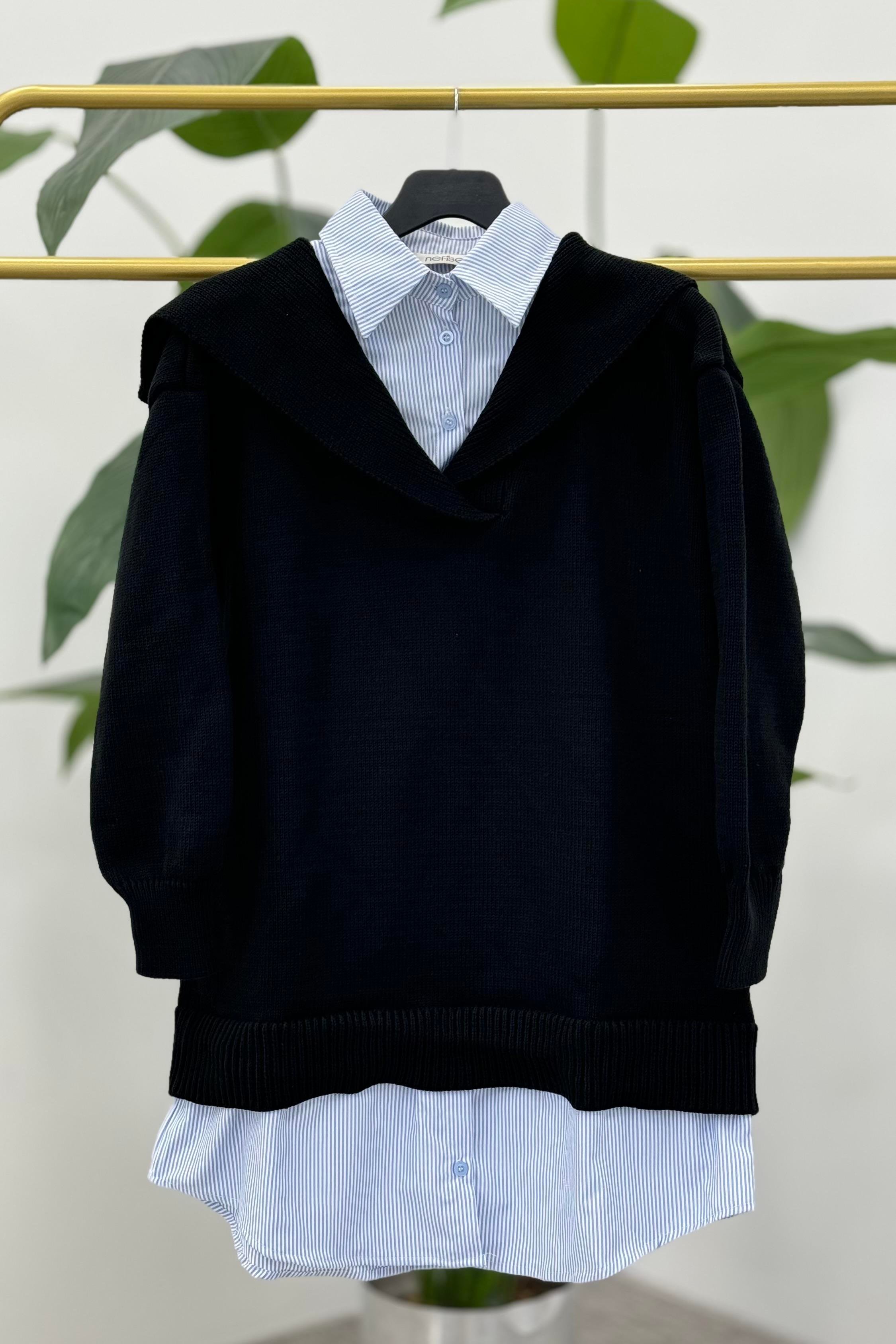 NEFİSE Gömlek Yaka Poplin Garnili Tunik 7651 - Siyah  Tunik 