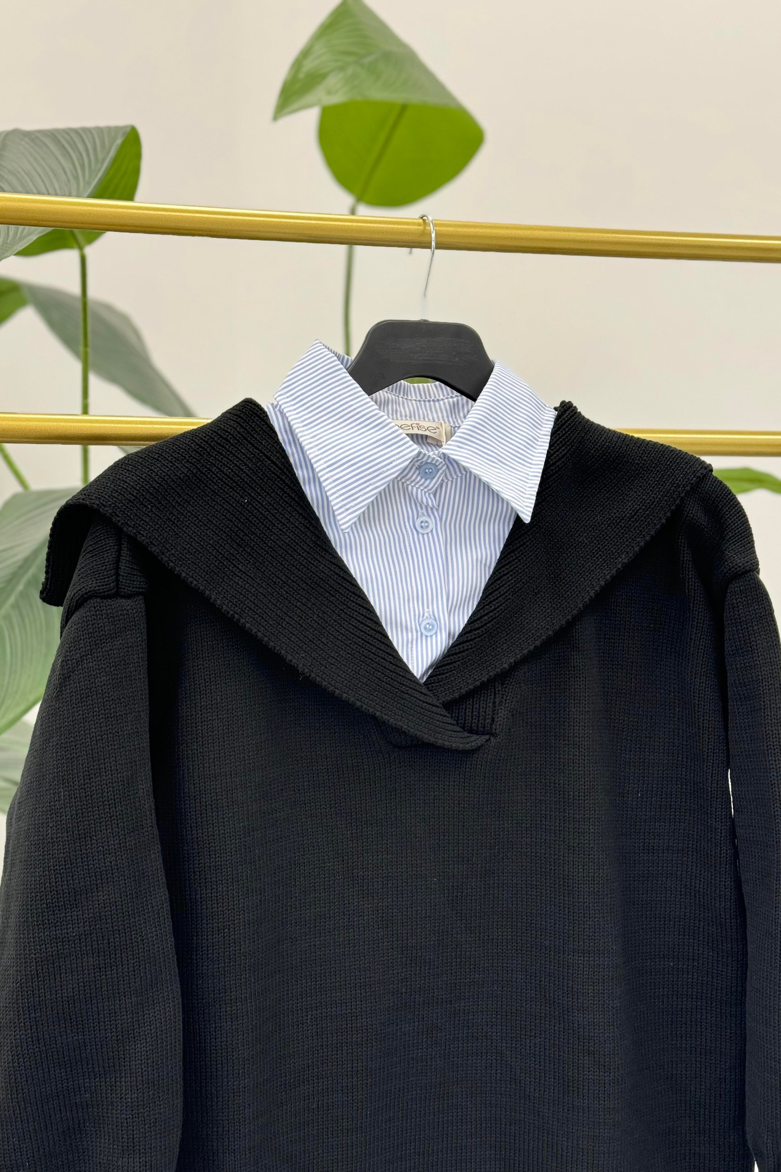 NEFİSE Gömlek Yaka Poplin Garnili Tunik 7651 - Siyah  Tunik 