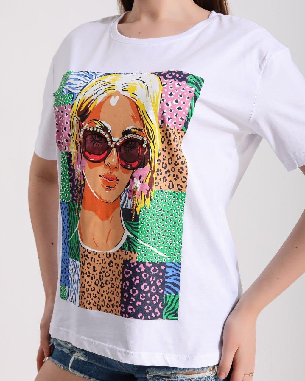 OLİVİA Gözlüklü Kız Baskılı Tshirt 2656 - Beyaz  T-shirt