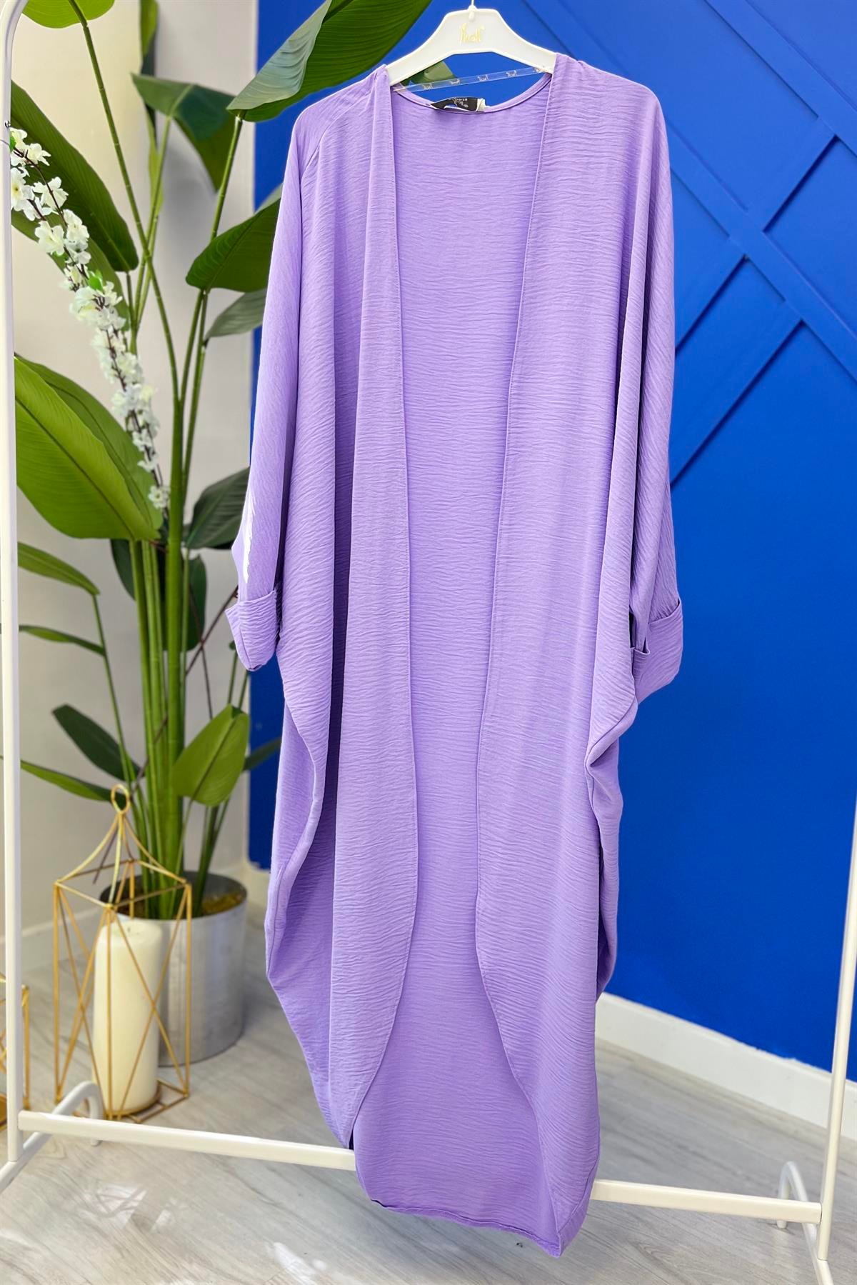 Yarasa Kol Oversize Hırka 0027218 - Lila - Bilen Giyim