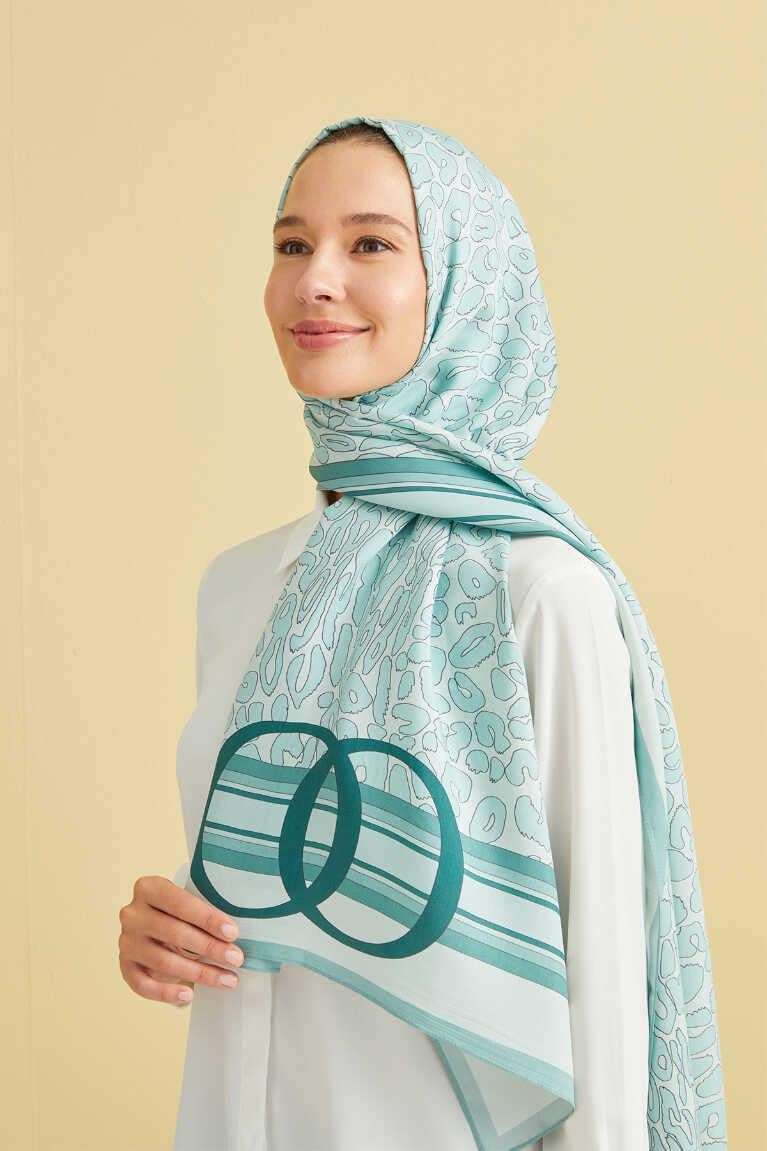 İMANNOOR İmannoor Noor Logo Leopar Floş Viskon Şal 231-4020 - Nane  Şal