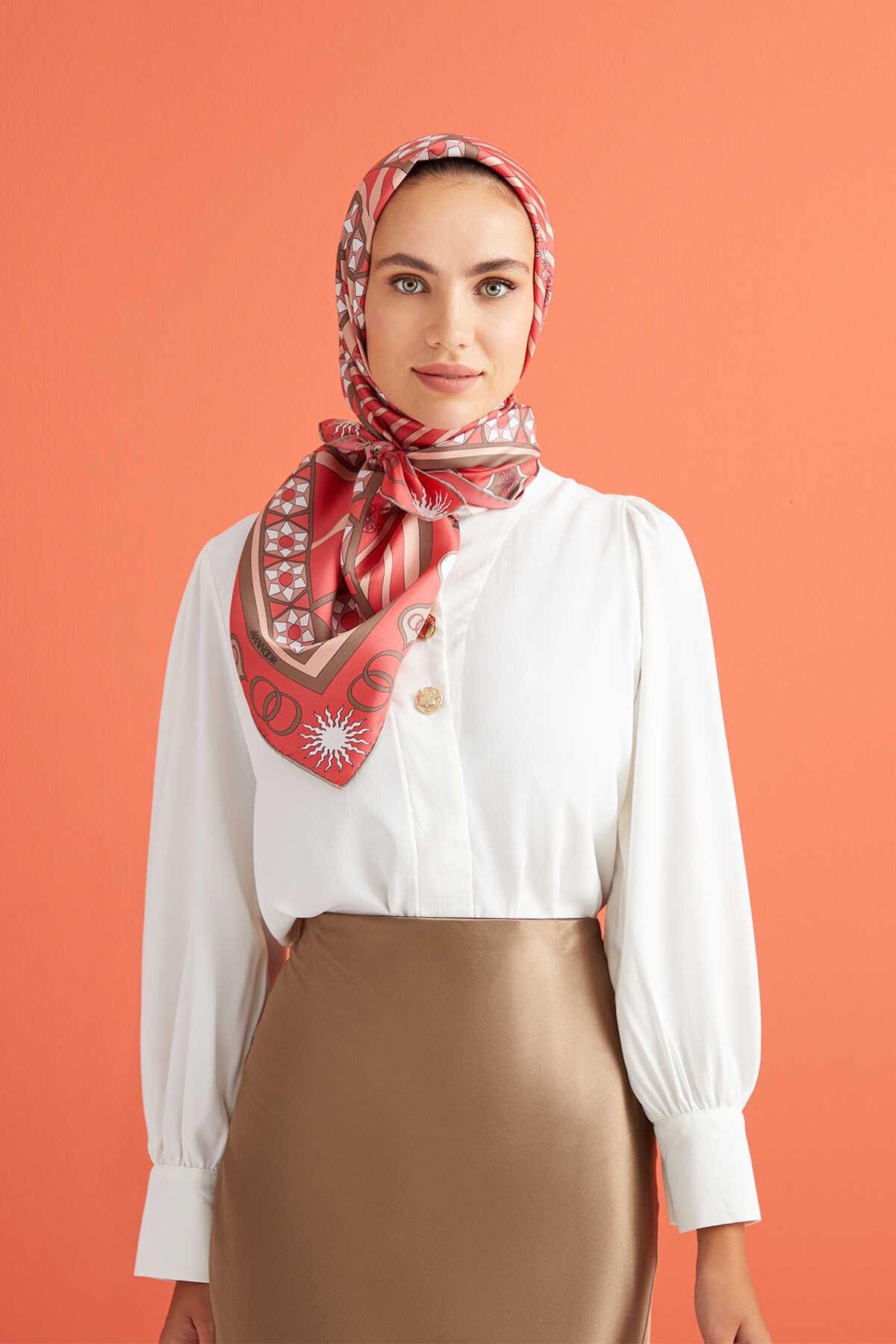 İMANNOOR İmannoor Üç Papatya Tivil İpek Eşarp 231-4012 - Mercan  Eşarp