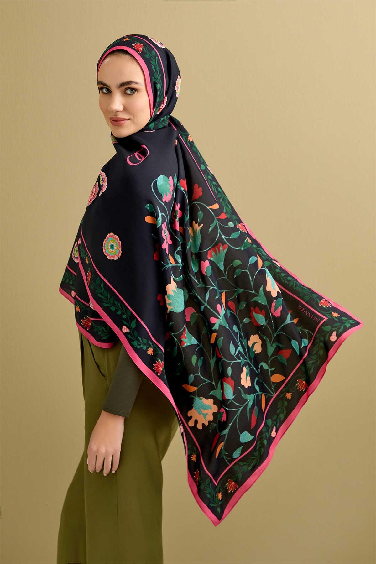 イラン、シルクラグ/サイズ:42x100cm....ir234. İmannoor Yağmurlu Bahçe Floş Şal 241-3013 - Siyah - Bilen Giyim