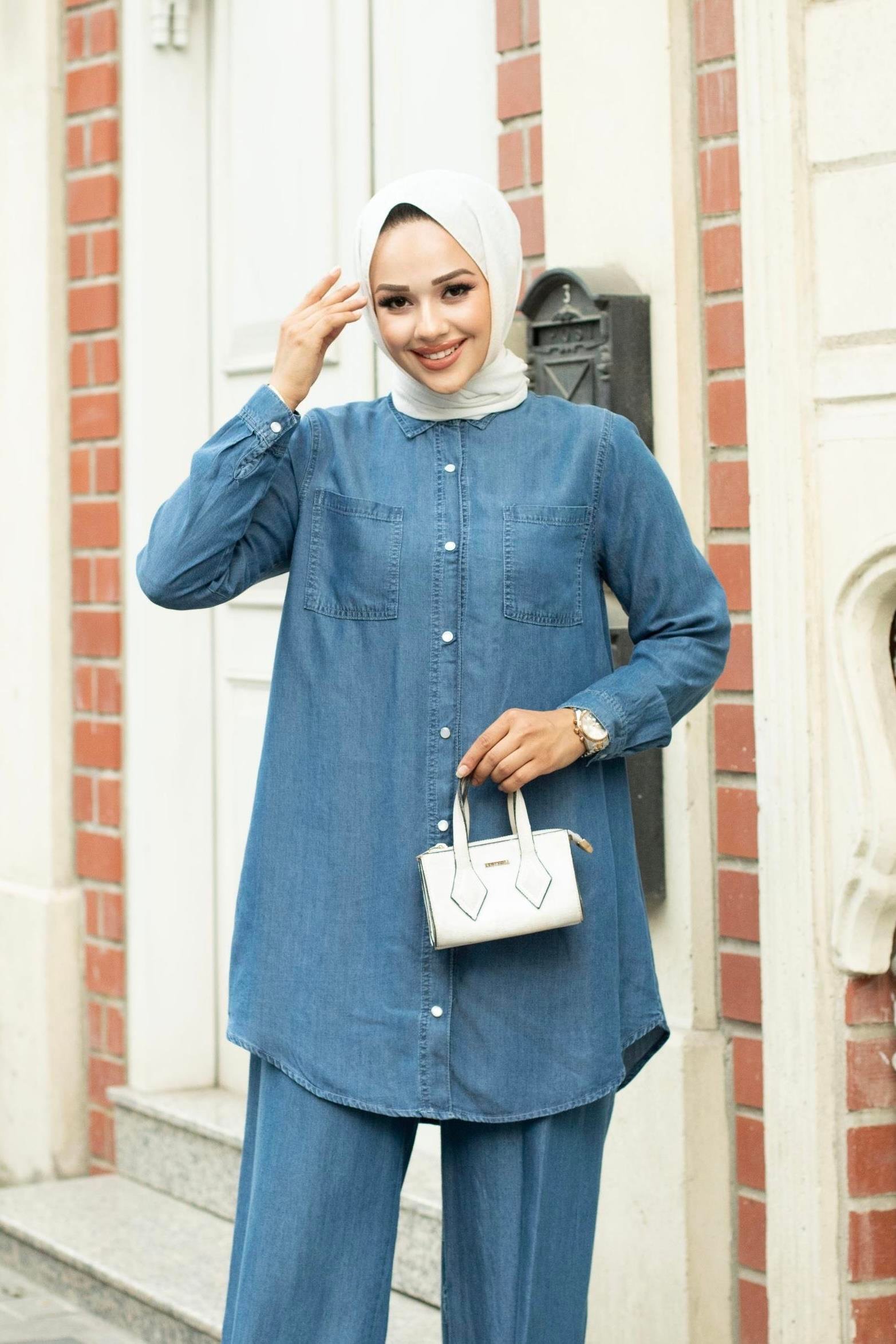 NOSHE İnce Kot Gömlek Tunik 5503 - Lacivert  Tunik 