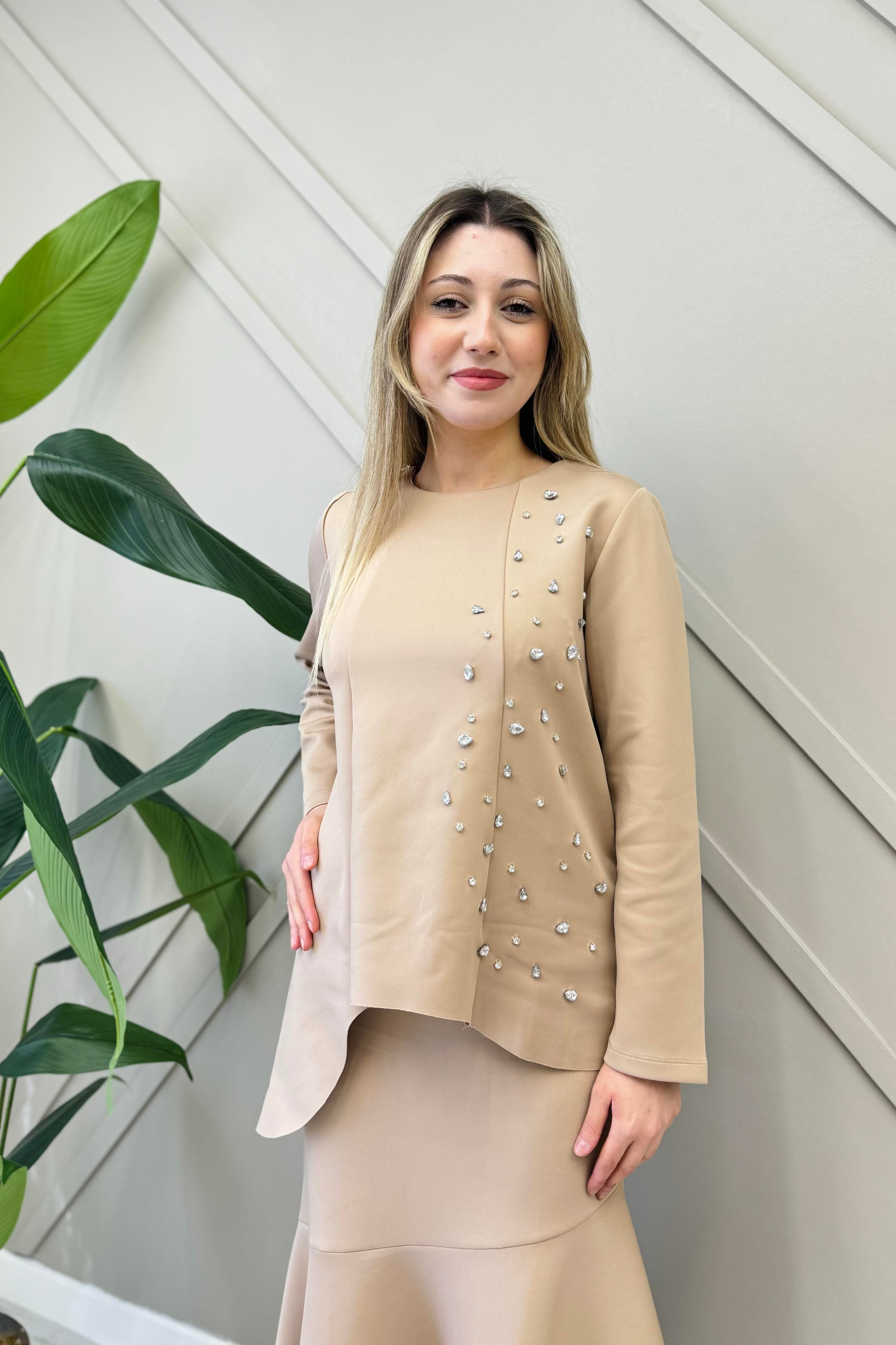 İNVEE İnvee 6746 Taş Detaylı Scuba Bluz - Bej  Bluz & Gömlek