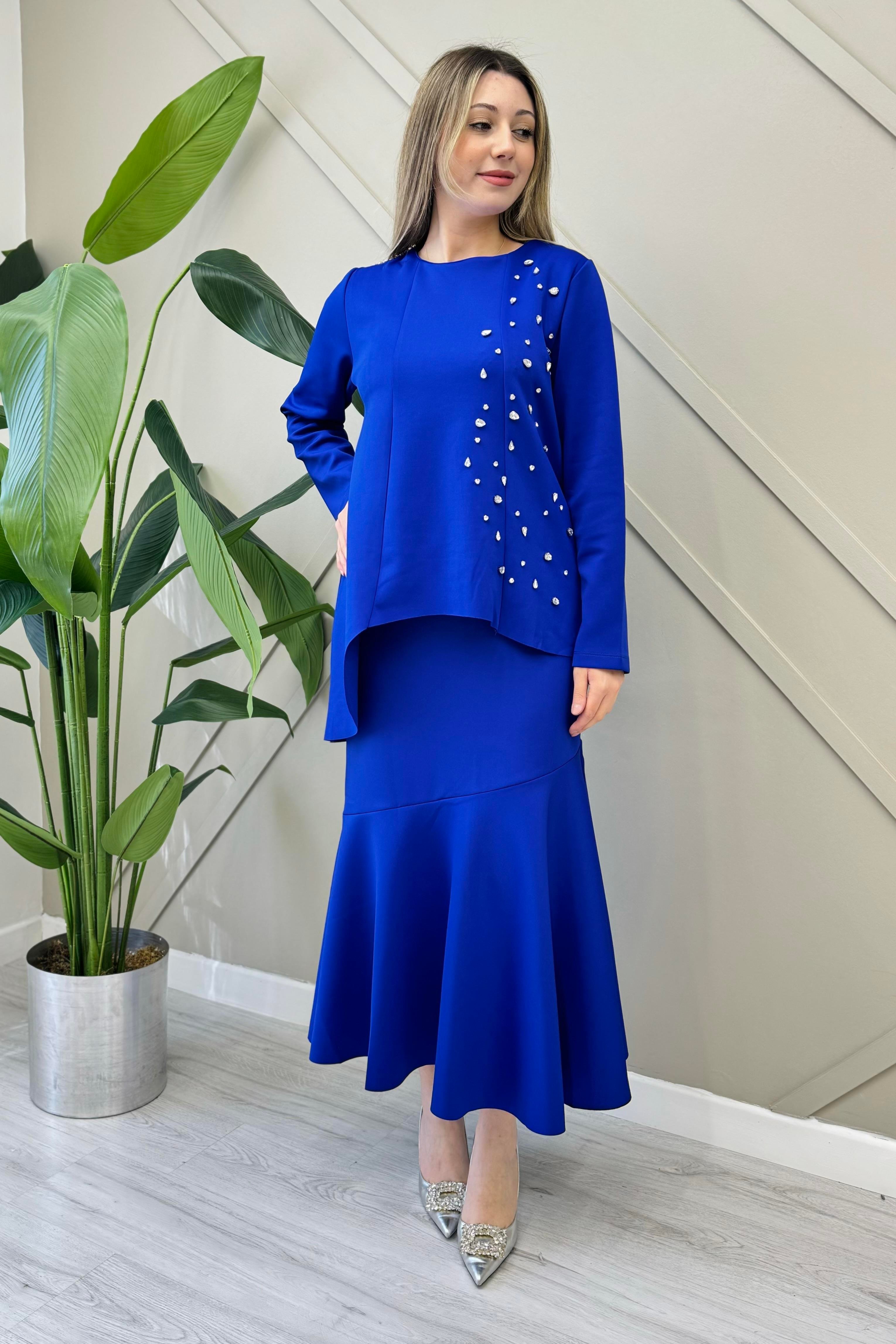 İNVEE İnvee 6746 Taş Detaylı Scuba Bluz - Saks  Bluz & Gömlek