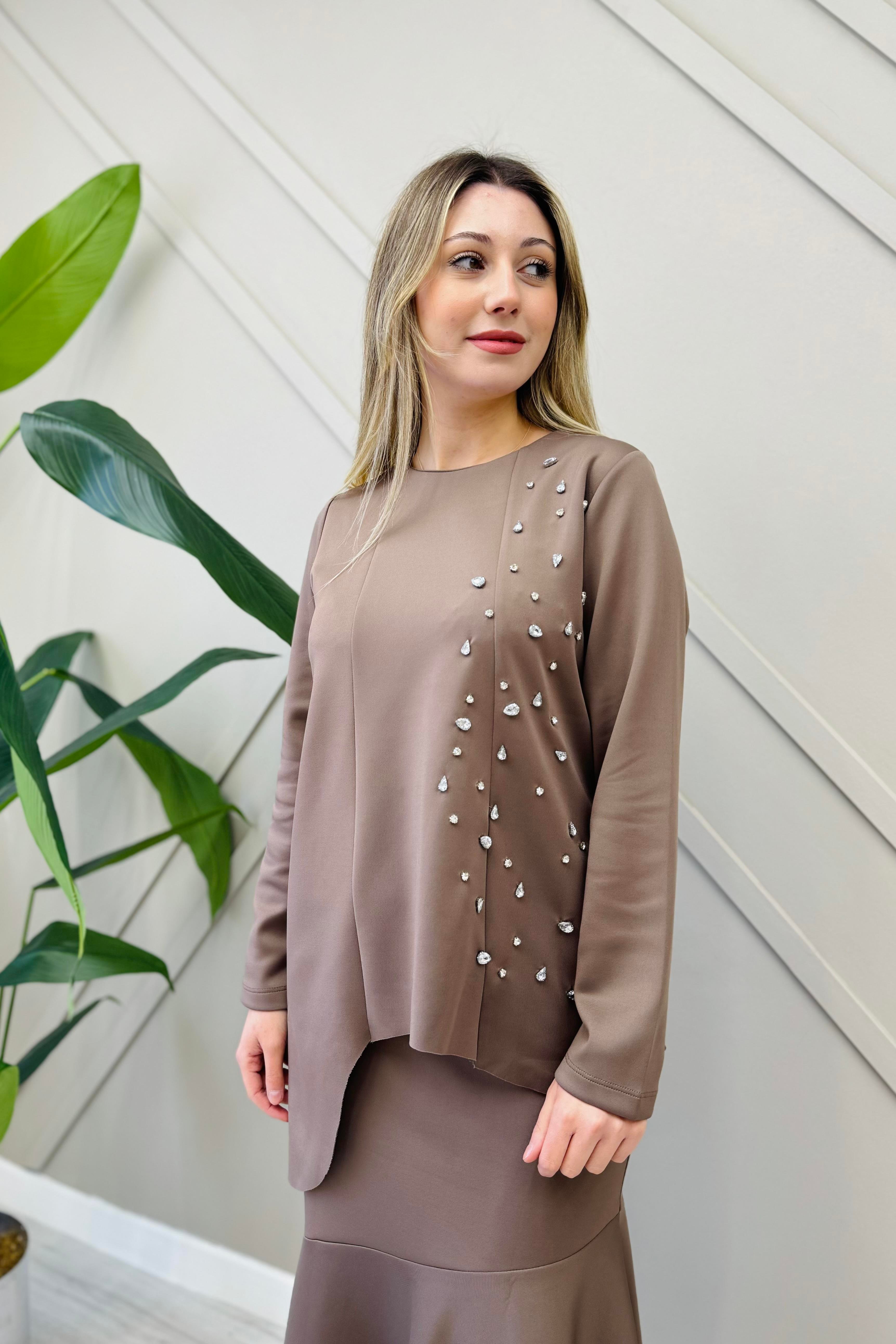 İNVEE İnvee 6746 Taş Detaylı Scuba Bluz - Vizon  Bluz & Gömlek