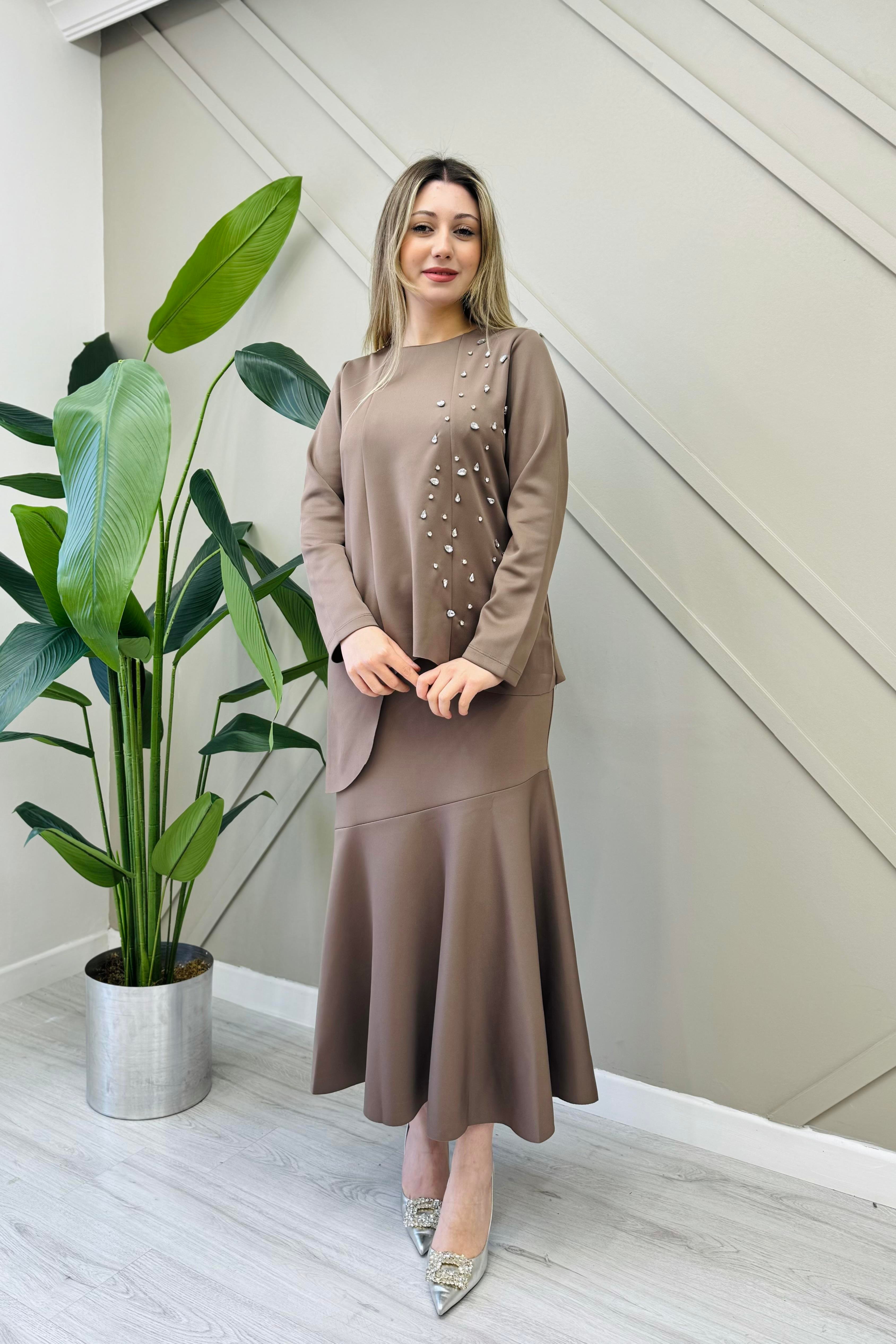 İNVEE İnvee 6746 Taş Detaylı Scuba Bluz - Vizon  Bluz & Gömlek