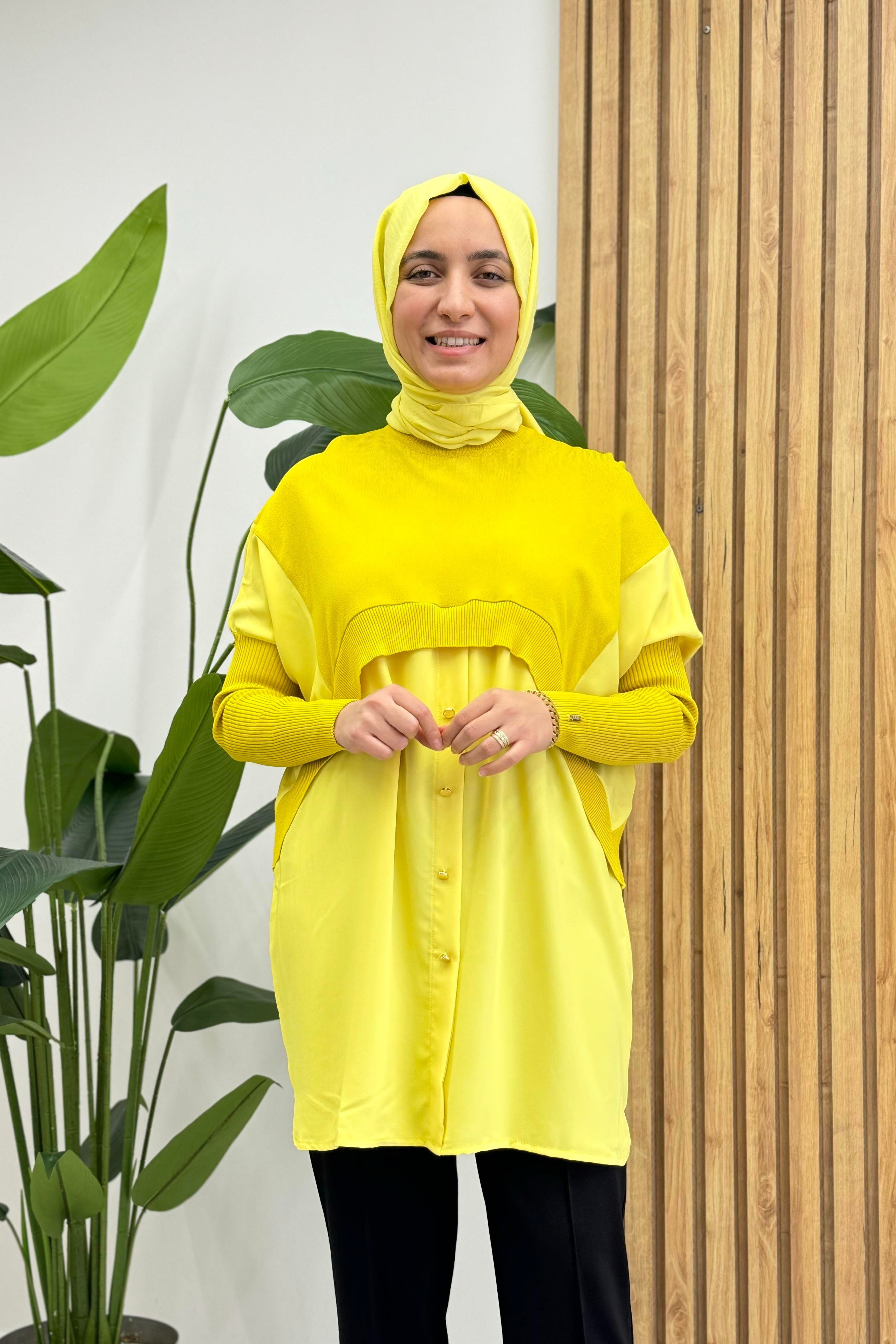 İNVEE İnvee 6883 Eteği Gömlek Detay Triko Tunik - Sarı  Tunik