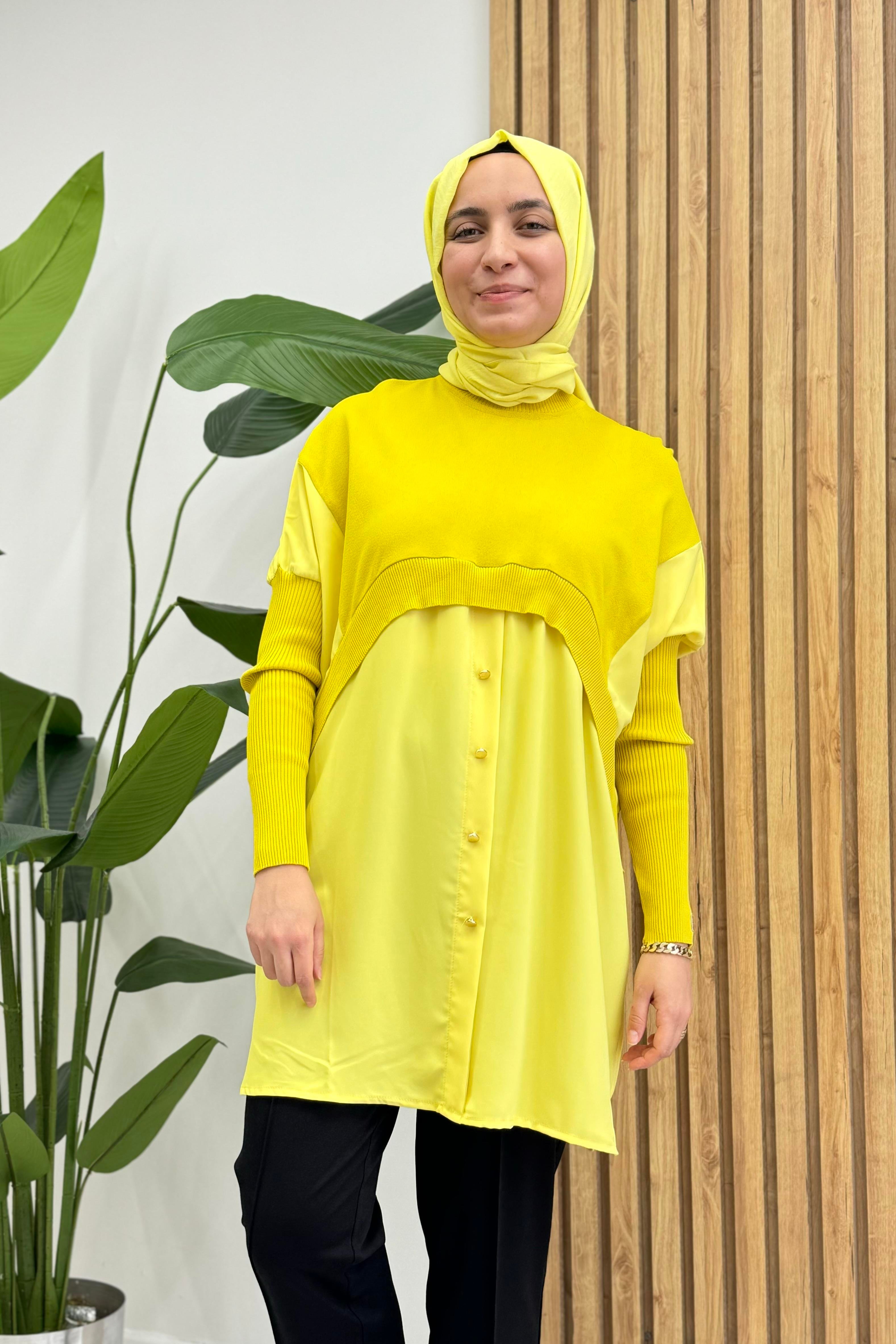 İNVEE İnvee 6883 Eteği Gömlek Detay Triko Tunik - Sarı  Tunik