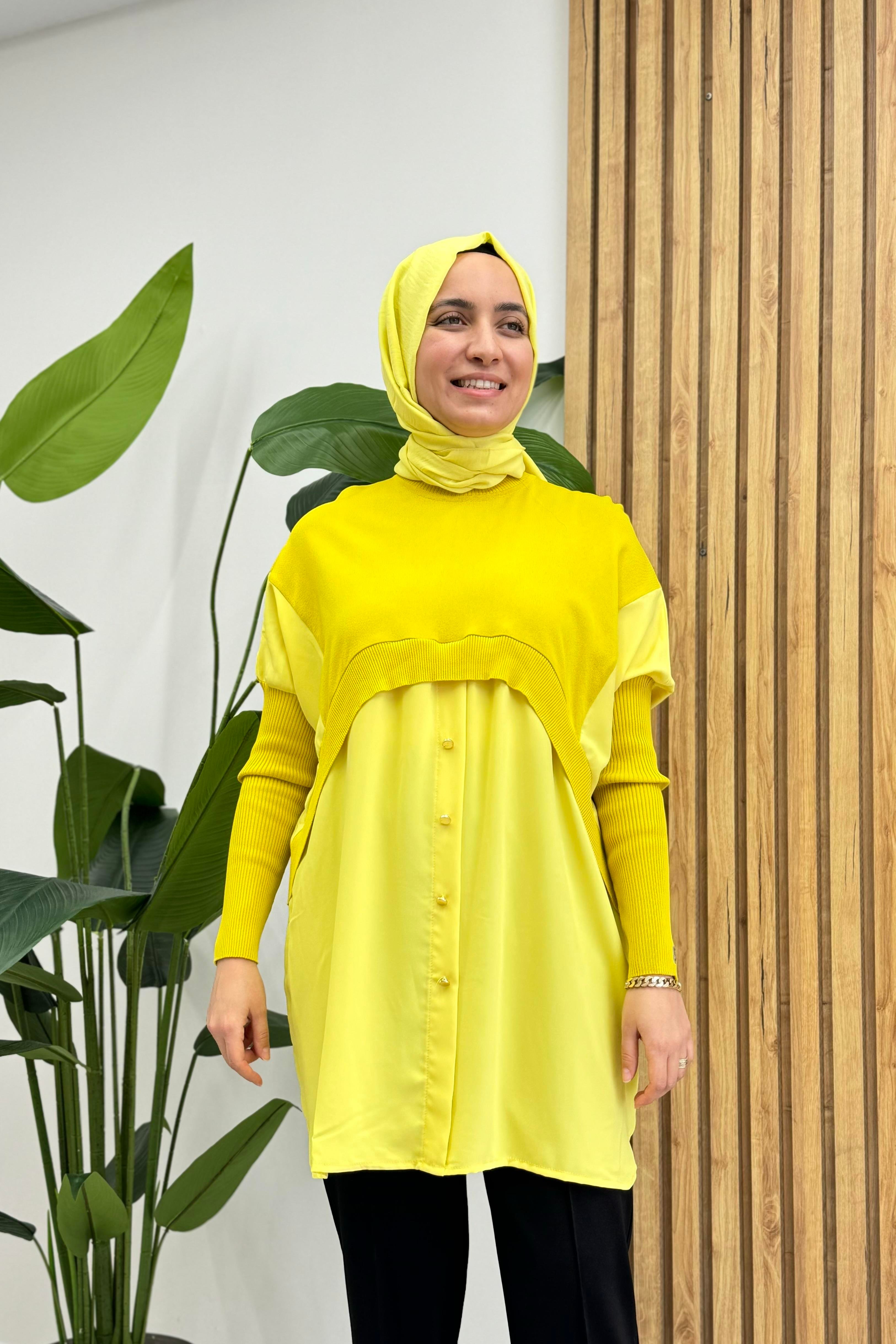 İNVEE İnvee 6883 Eteği Gömlek Detay Triko Tunik - Sarı  Tunik