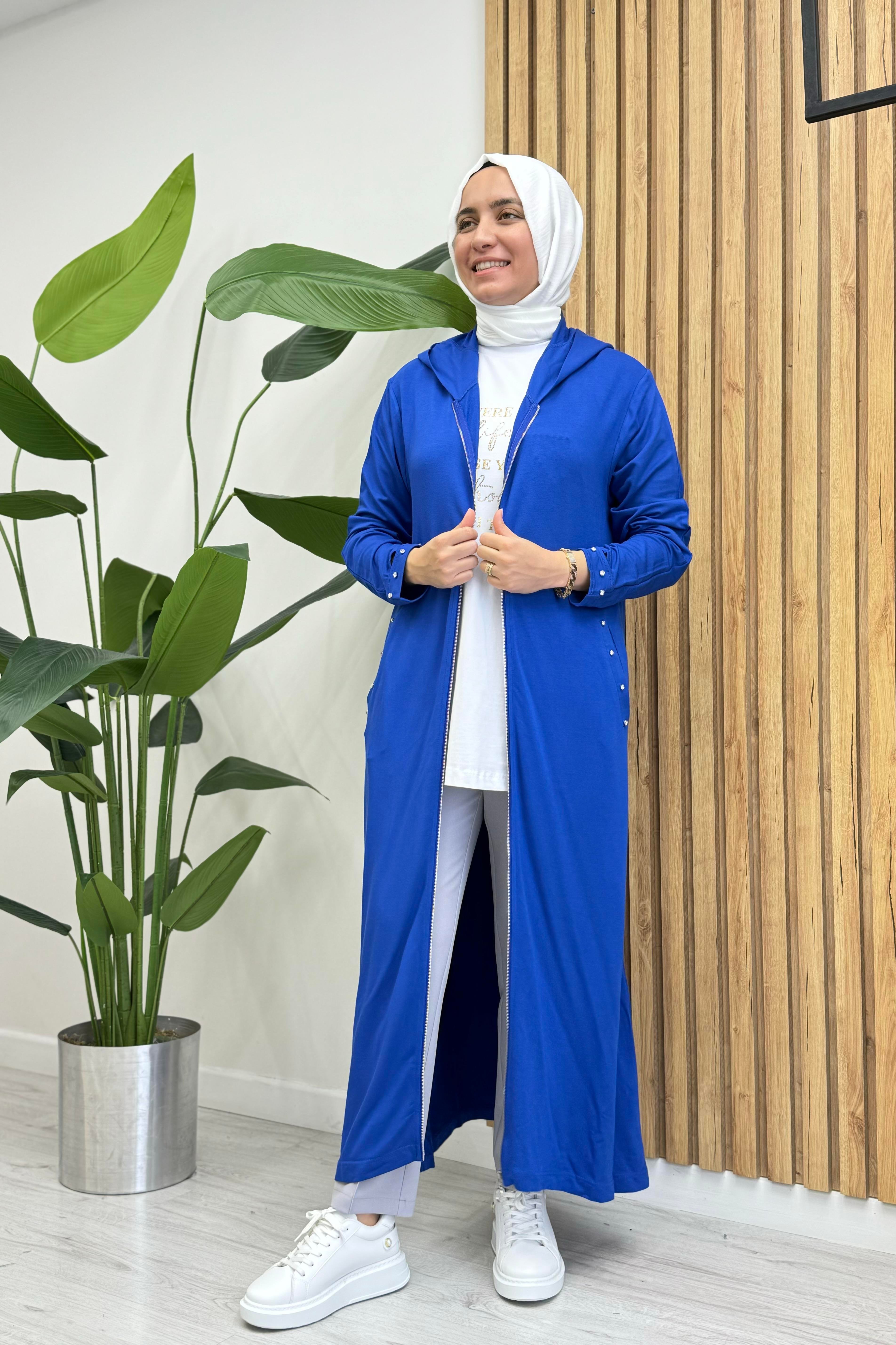 İnvee 6953 Cep Ve Kol Taş İşlemeli Fermuarlı Kap - Saks - Bilen Giyim