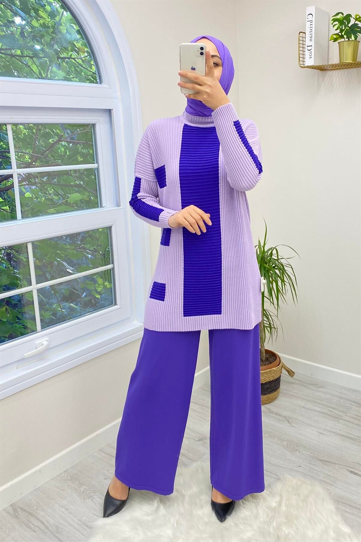 İNVEE İnvee 5749 Bol Paça Triko Pantolon - Mor  Pantolon