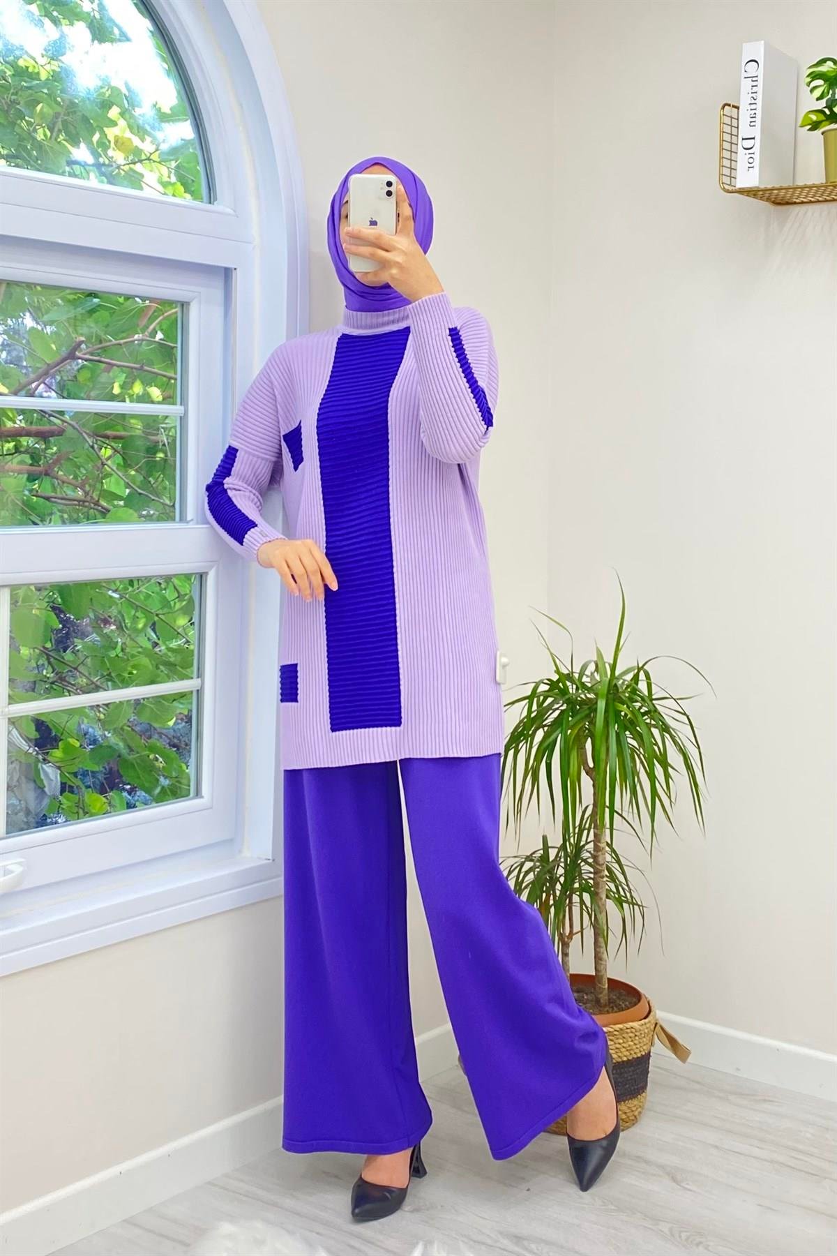 İNVEE İnvee 5749 Bol Paça Triko Pantolon - Mor  Pantolon