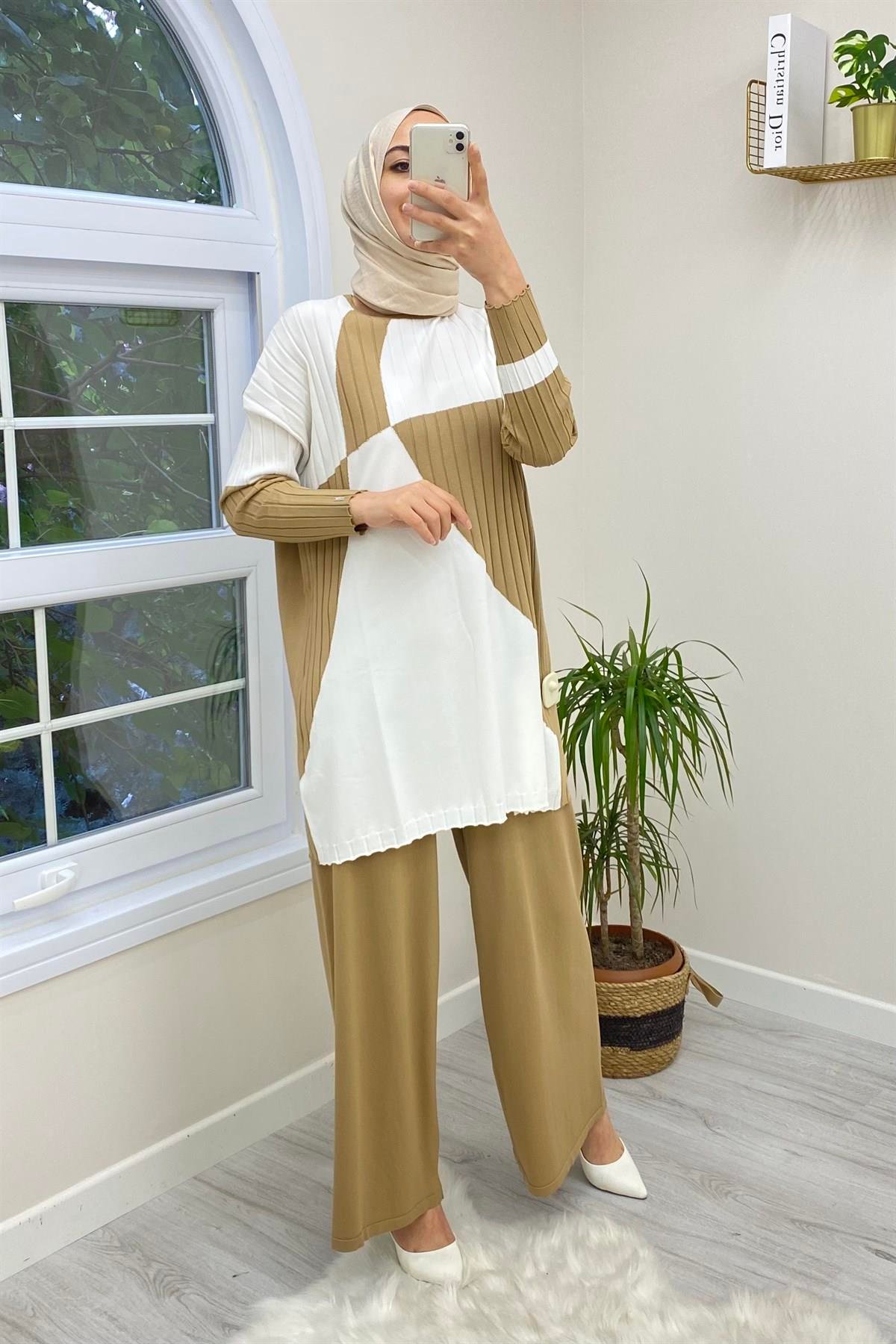 İNVEE İnvee 5749 Bol Paça Triko Pantolon - Camel  Pantolon