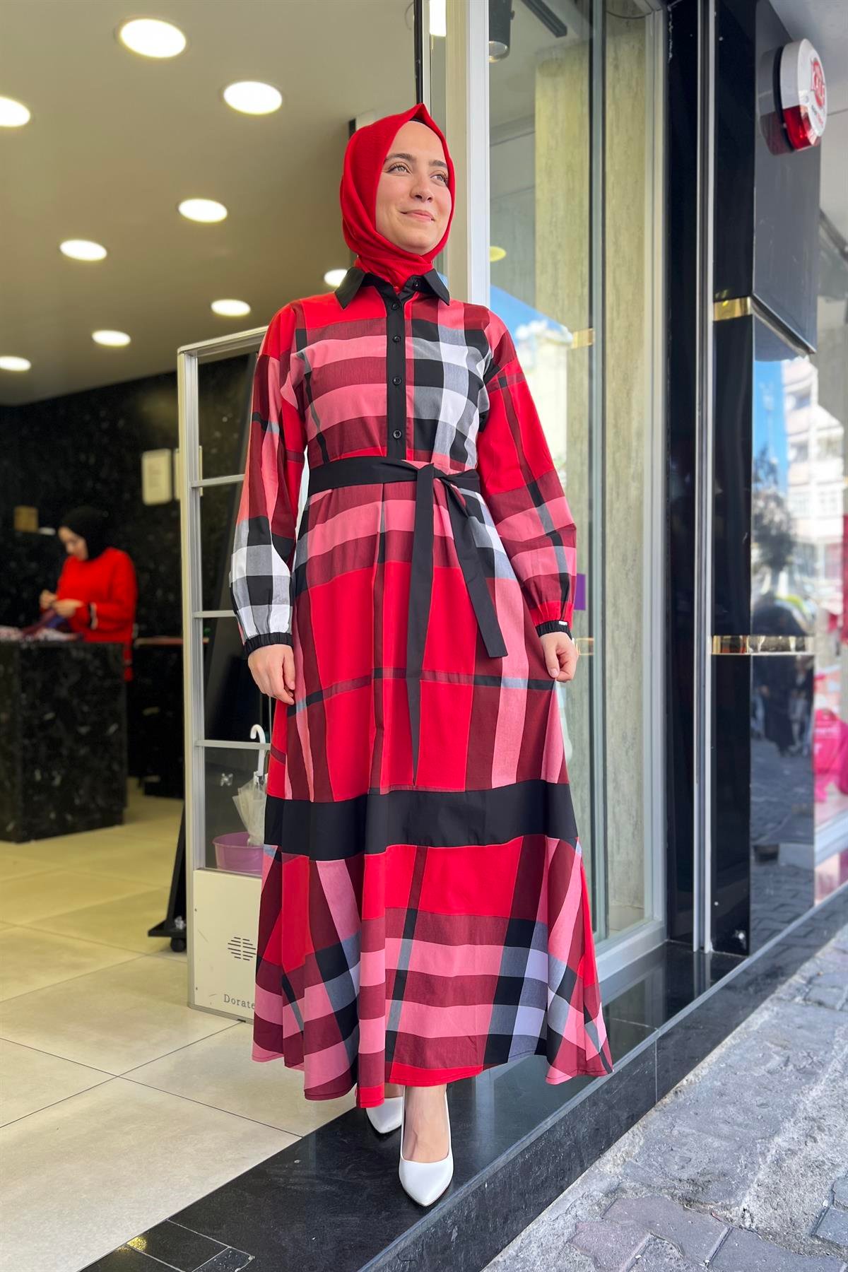 İNVEE İnvee 6748 Desenli Elbise - Kırmızı  Elbise