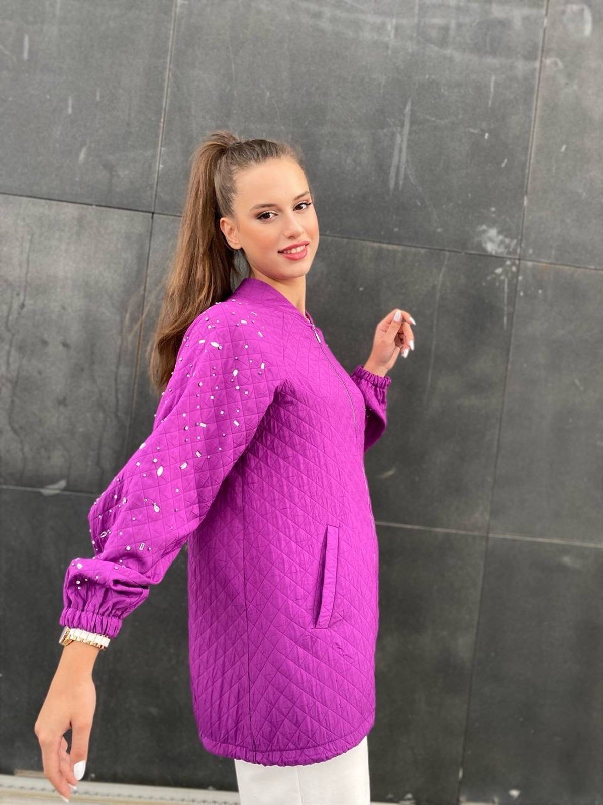 JUPE STORE Kol Kristal Taş Baskılı Fermuarlı Kap - 9161 - Fuşya  Kap