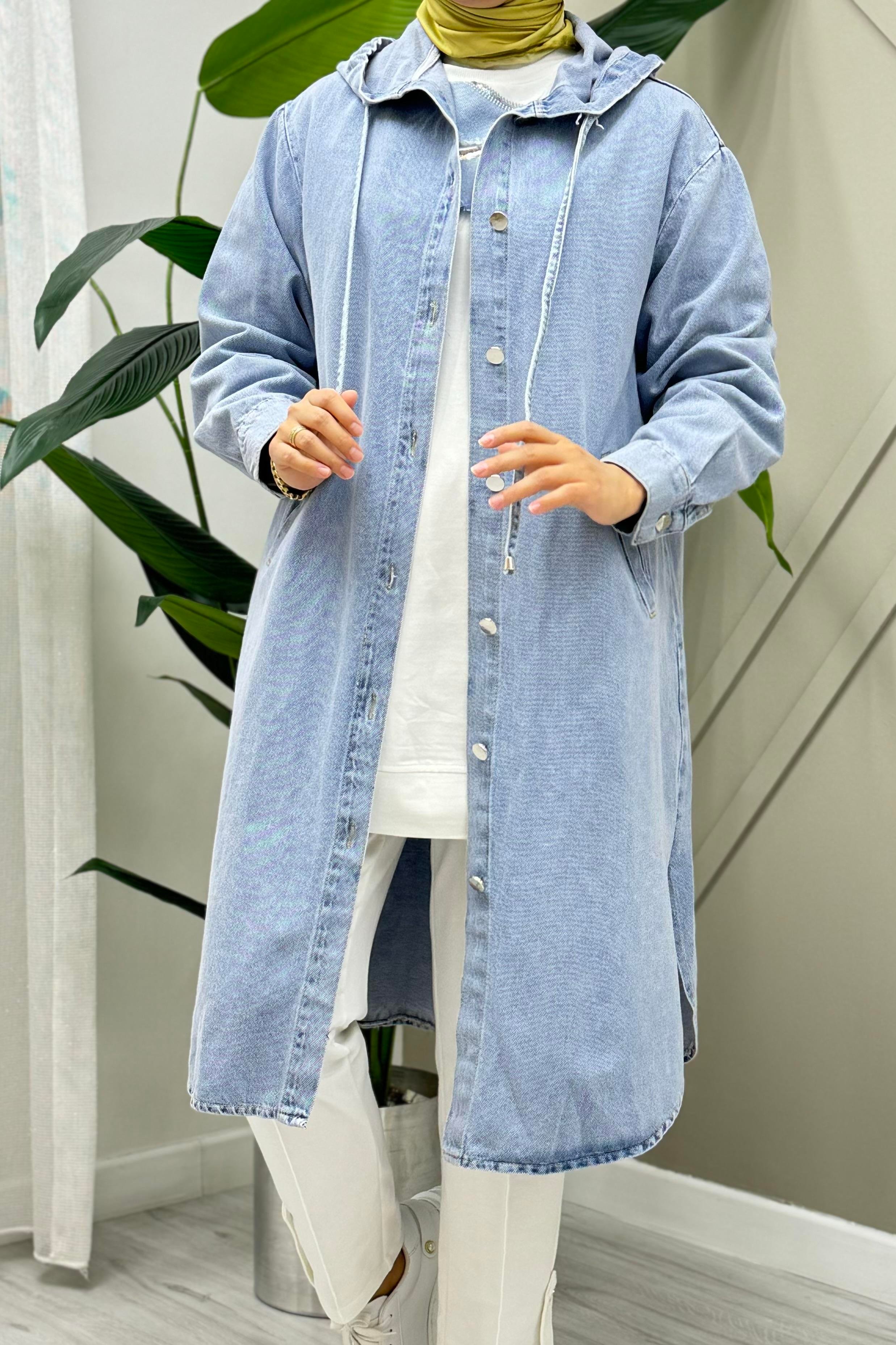 Kapişonlu Denim Kap 0032520 - Mavi - Bilen Giyim