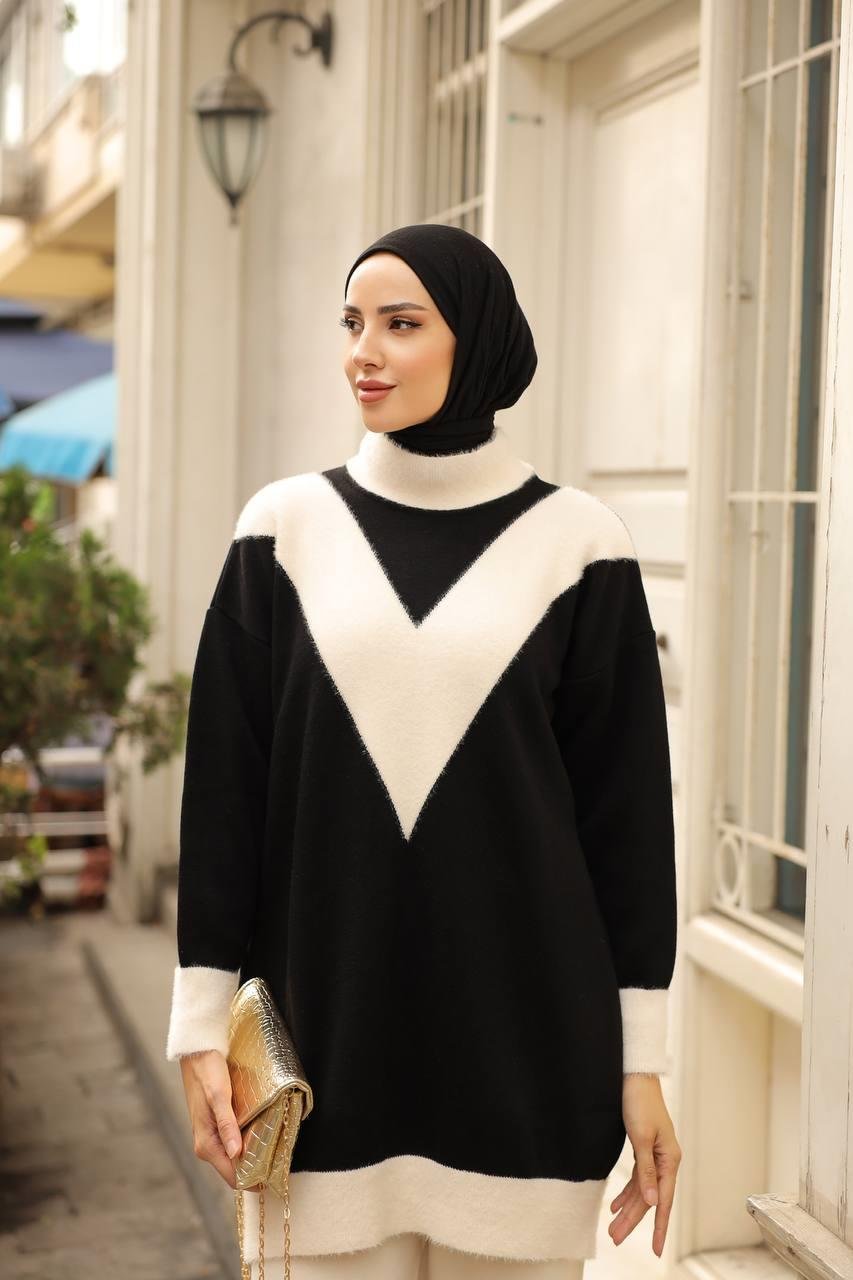 NEFİSE Kedi Sakal Yarım Balıkçı Tunik 14967 - Siyah - Vanilya  Tunik