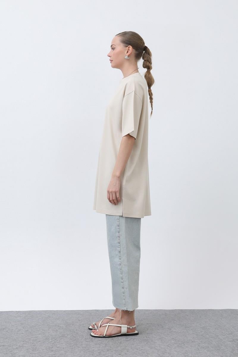 PUANE Kısa Kol Basic Uzun T-shirt 40009 - Bej Kısa Kol Basic Uzun T-shirt 40009 - Bilen Giyim T-shirt 