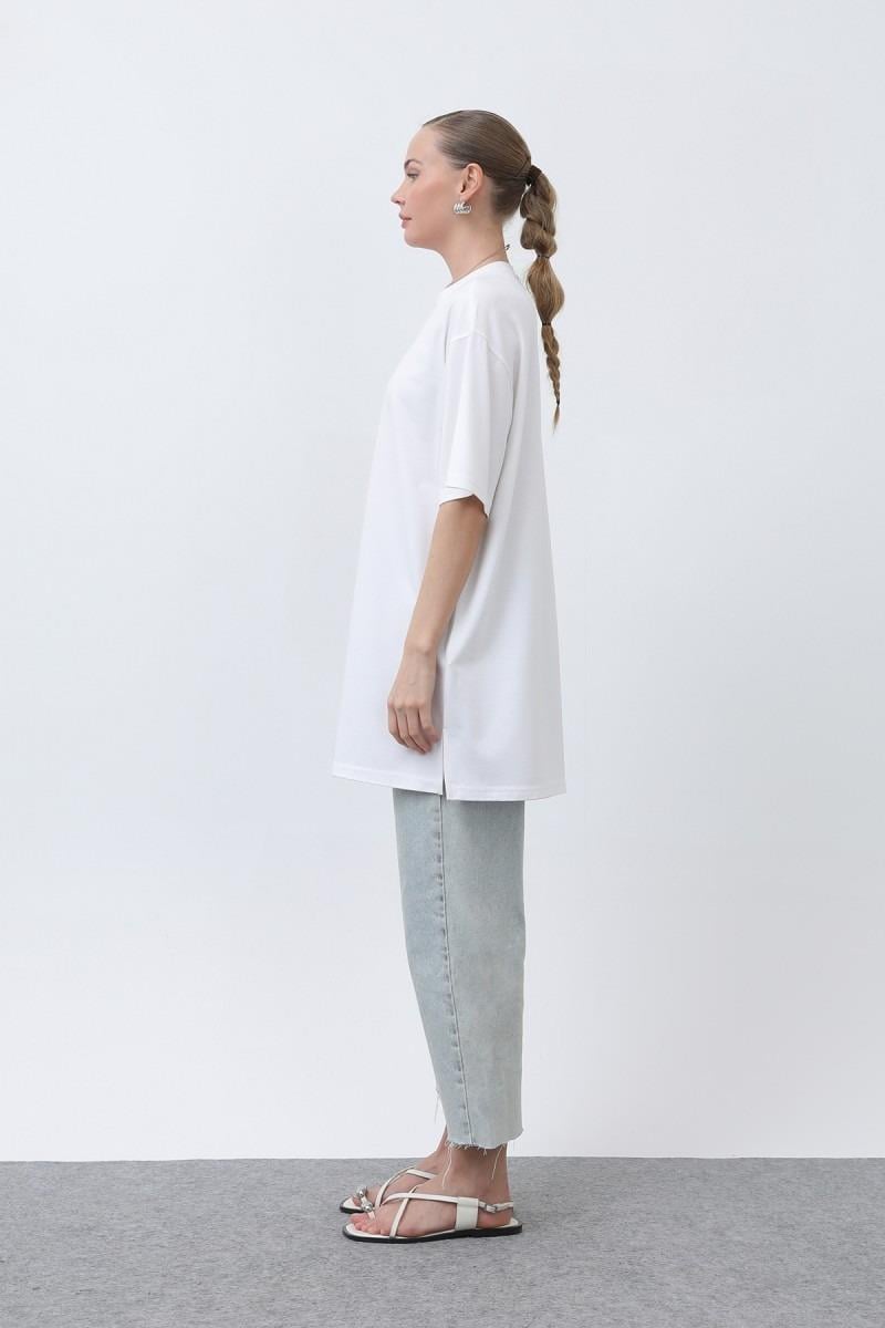 PUANE Kısa Kol Basic Uzun T-shirt 40009 - Ekru Kısa Kol Basic Uzun T-shirt 40009 - Bilen Giyim T-shirt 