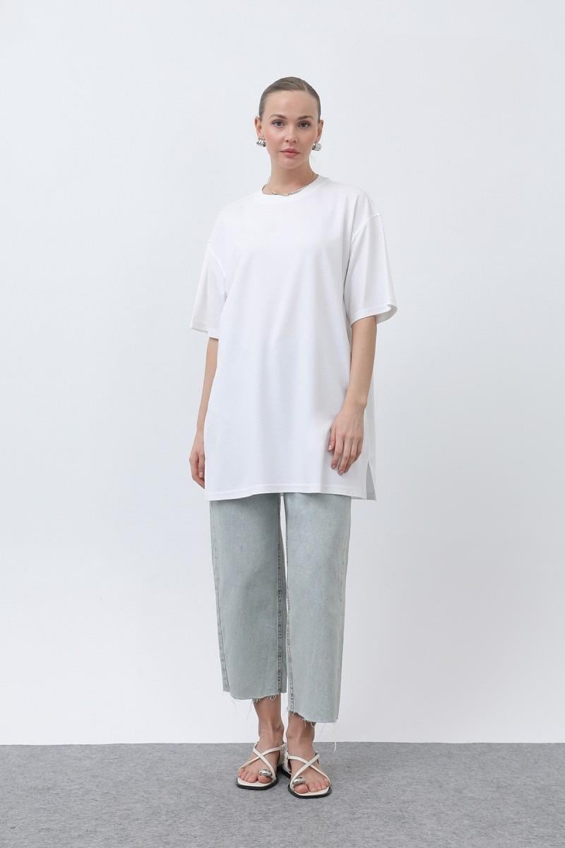 PUANE Kısa Kol Basic Uzun T-shirt 40009 - Ekru Kısa Kol Basic Uzun T-shirt 40009 - Bilen Giyim T-shirt 