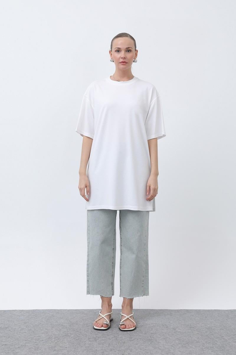 PUANE Kısa Kol Basic Uzun T-shirt 40009 - Ekru Kısa Kol Basic Uzun T-shirt 40009 - Bilen Giyim T-shirt 