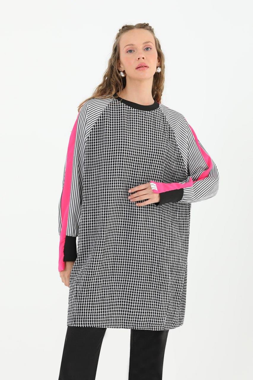 PUANE Kol Çizgi Detay Pötikare Tunik 10531 - Siyah - Fuşya  Tunik 