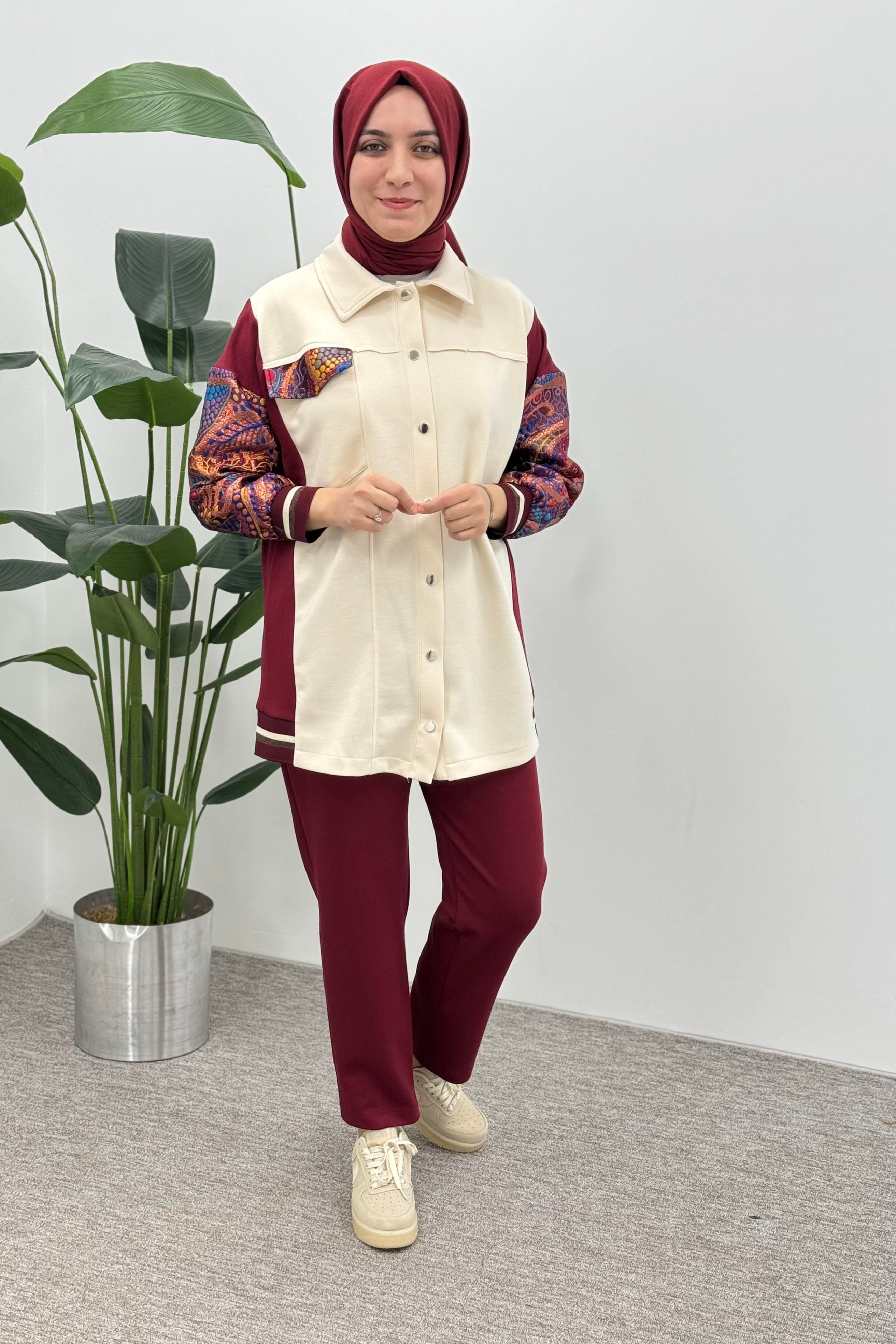 PUANE Kol Renkli Nakış İşlemeli Pantolonlu Takım 14287 - Bordo  Takım 