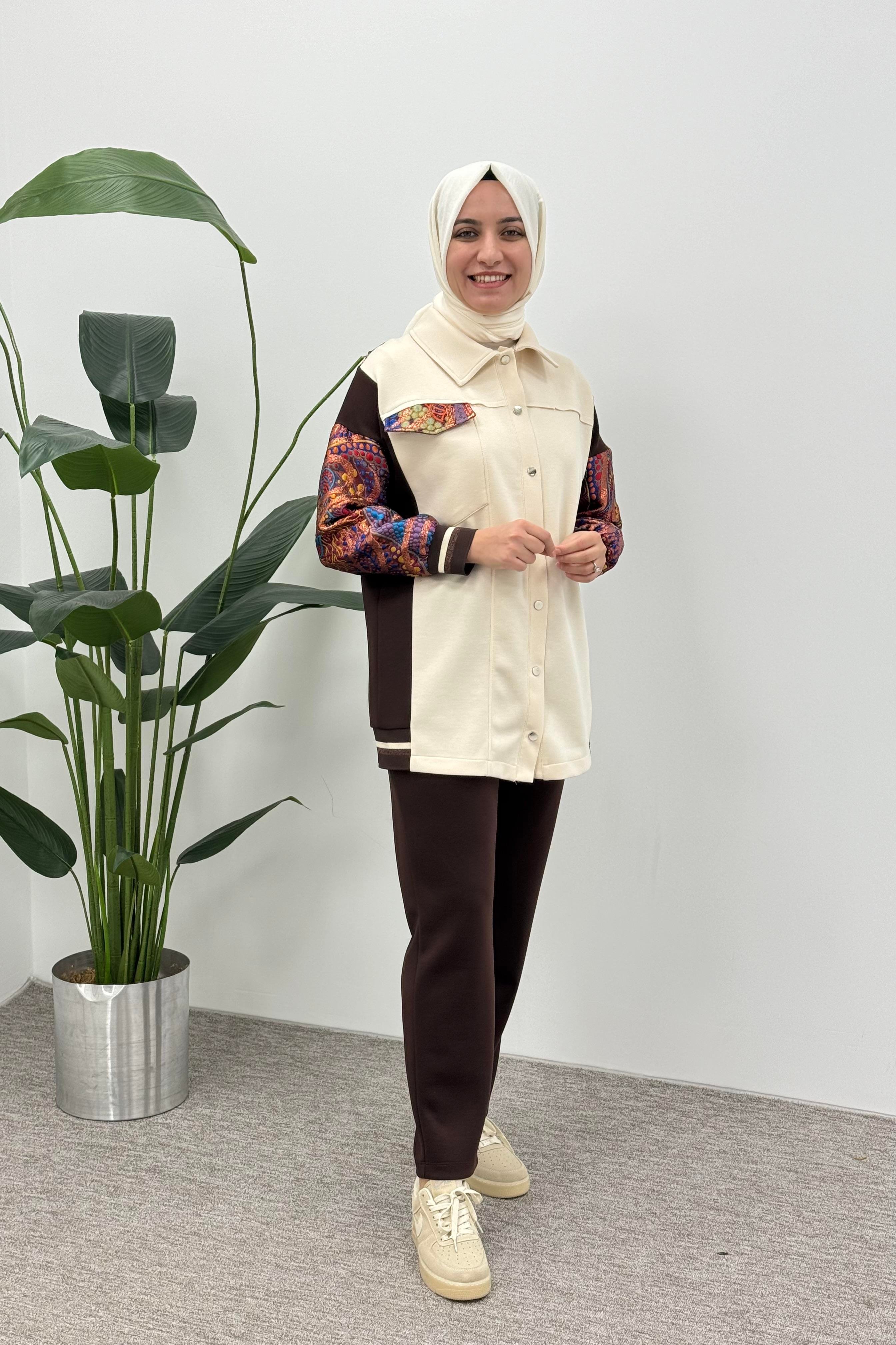 PUANE Kol Renkli Nakış İşlemeli Pantolonlu Takım 14287 - Browni  Takım 