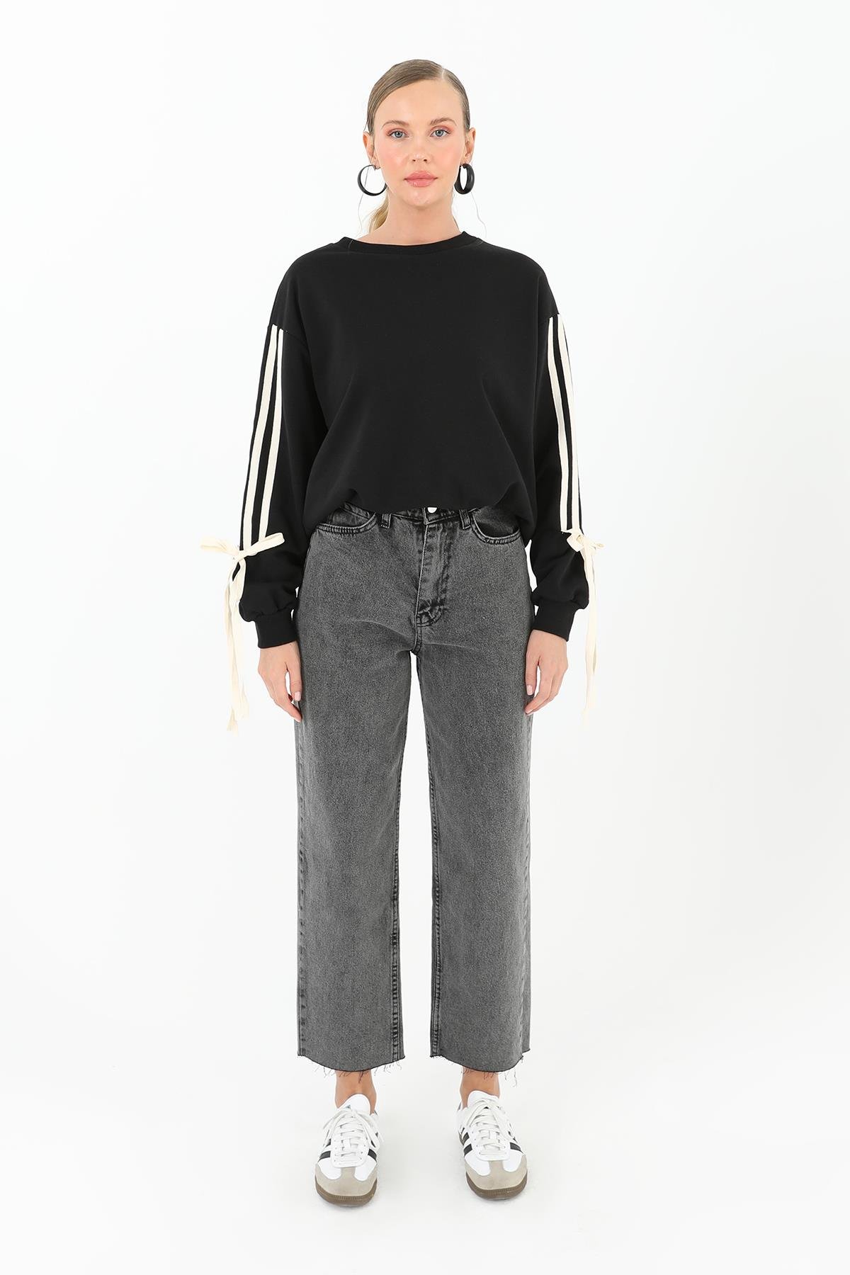 PUANE Kol Şerit Ve Bağcık Detaylı Sweat 31997 - Siyah  Sweatshirt 