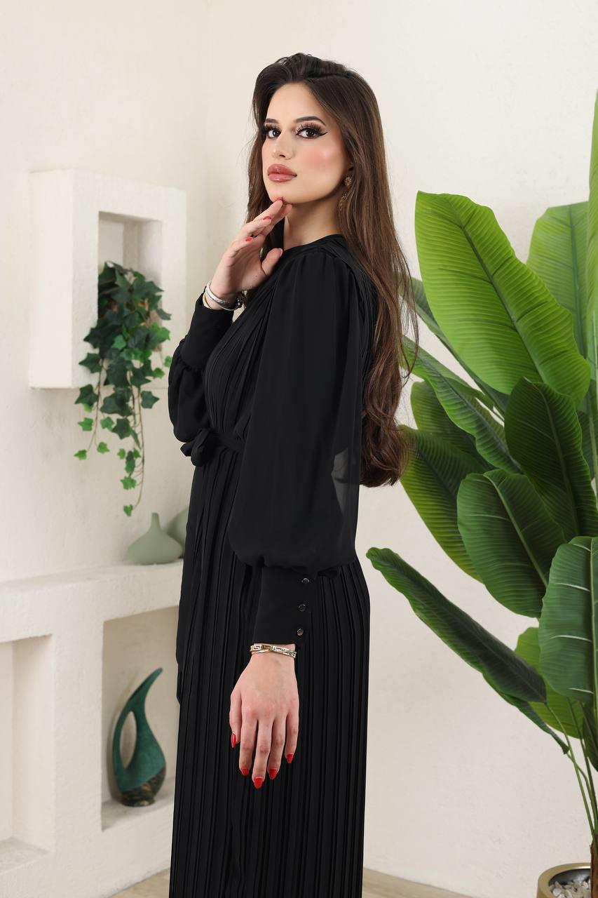 JUPE STORE Kol Şifon Detay Pliseli Elbise 7228 - Siyah  Abiye Grubu