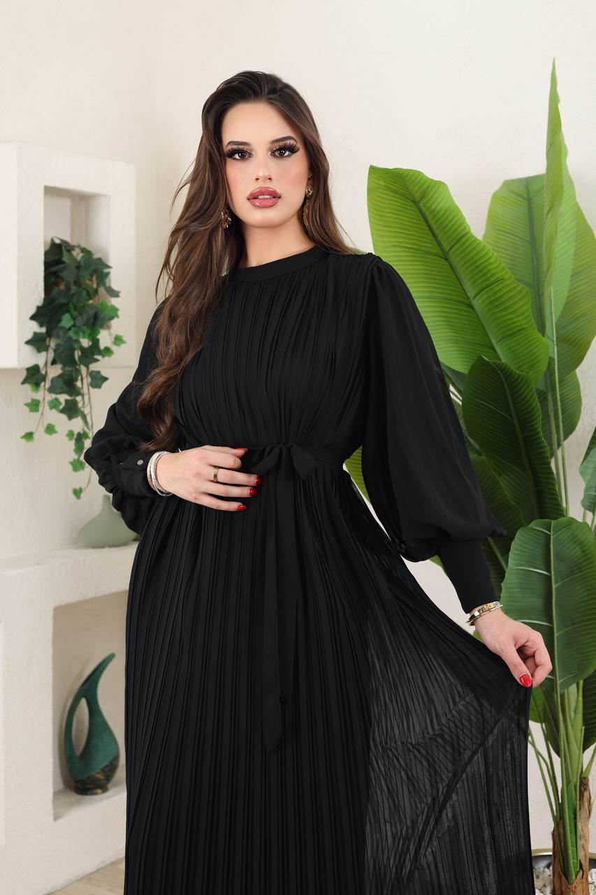 JUPE STORE Kol Şifon Detay Pliseli Elbise 7228 - Siyah  Abiye Grubu