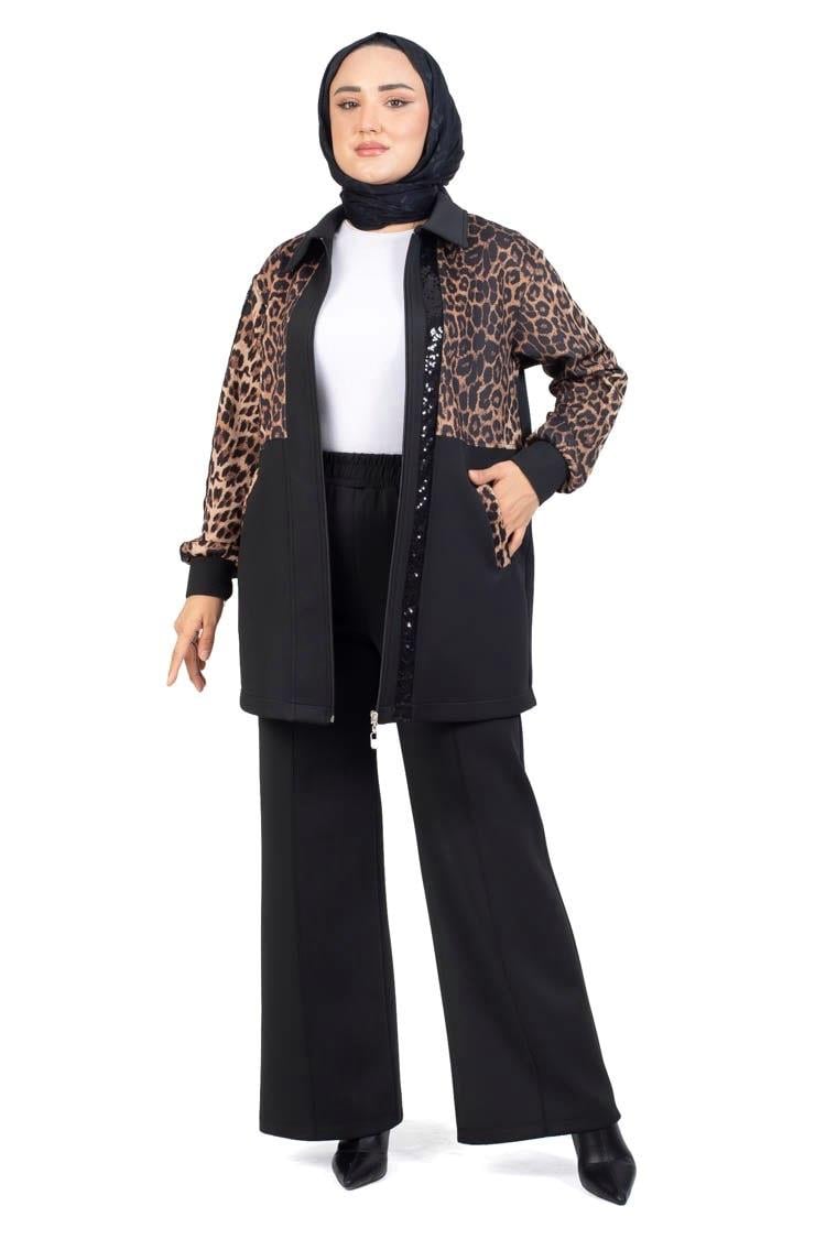 TRİ PEN Leopar Detaylı Pantolonlu Takım 2879 - Siyah  Takım 
